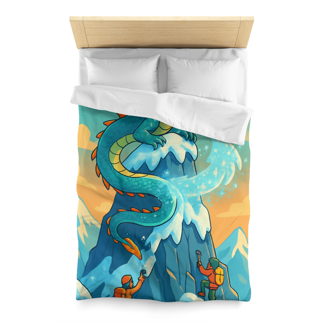 Montagne enneigée gardée par un dragon crachant de la glace, aventure épique illustrée