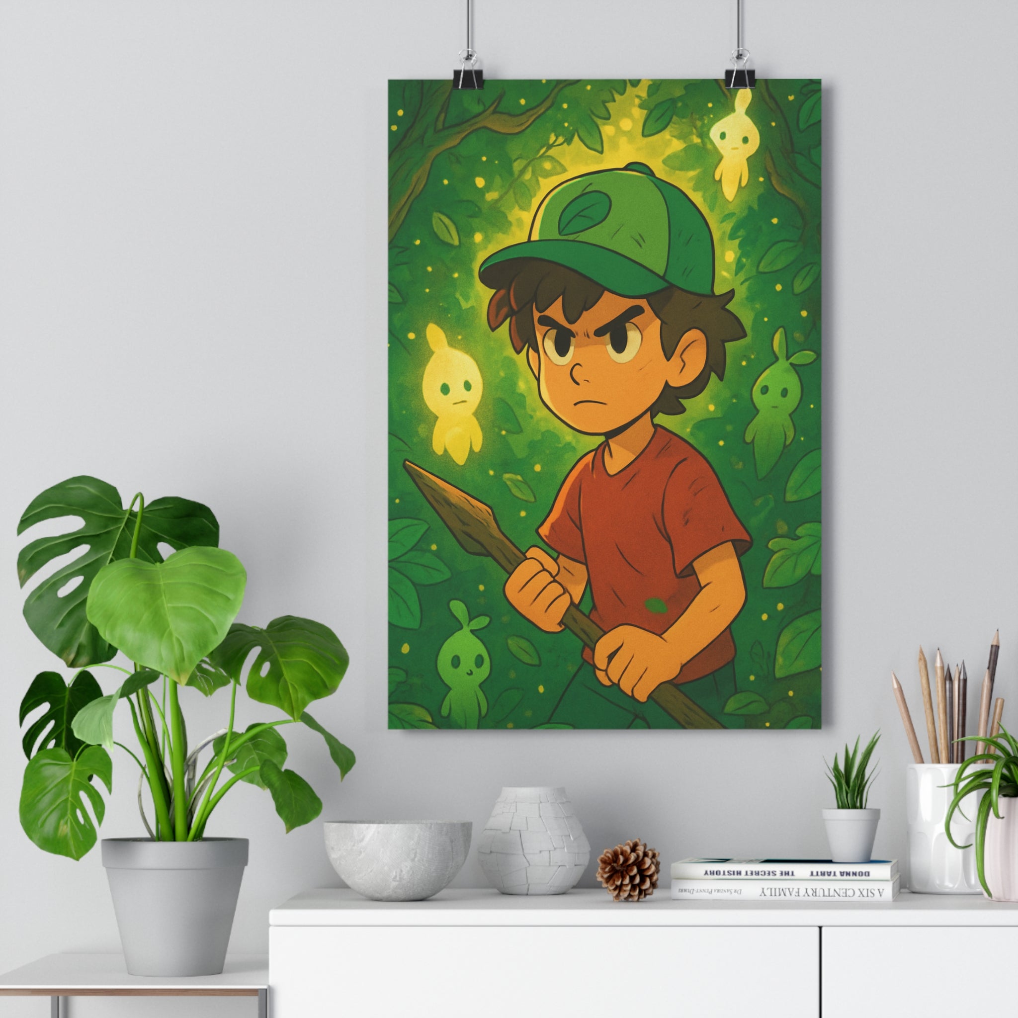Poster décoratif aventurier forêt garçon vert rouge magique cartoon chambre enfant vibrant joyeux animé