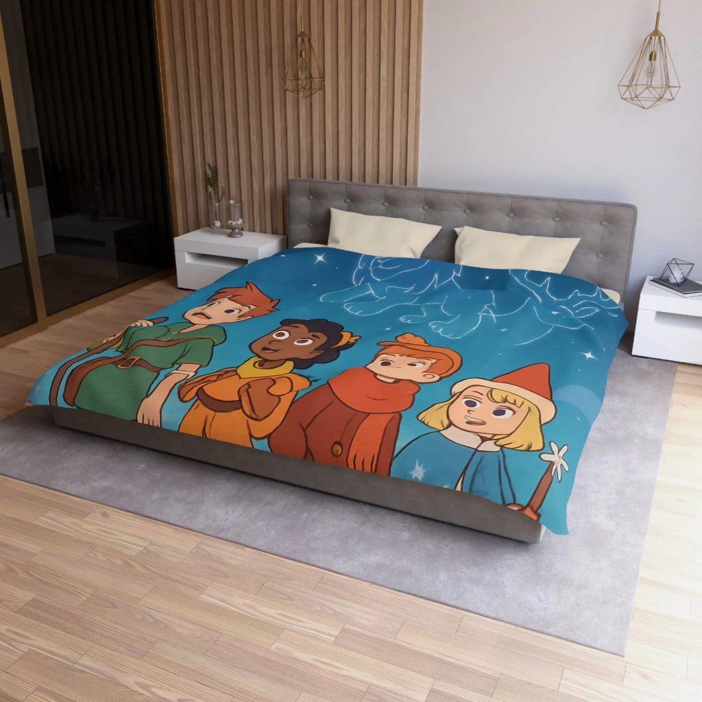 Housse de couette colorée avec enfants aventuriers et constellations nuit étoilée