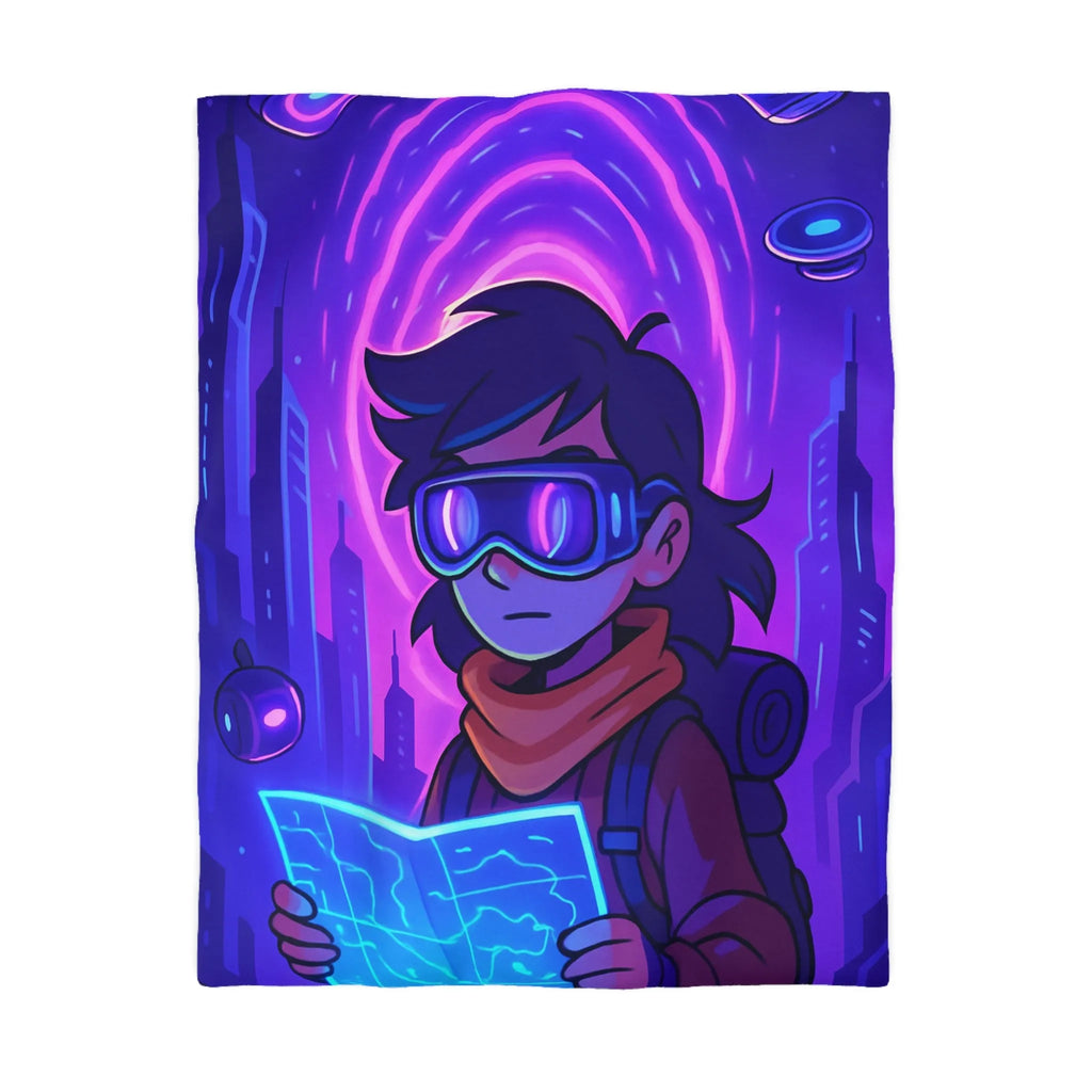 Housse de couette bleue violette style futuriste avec personnage et carte néon