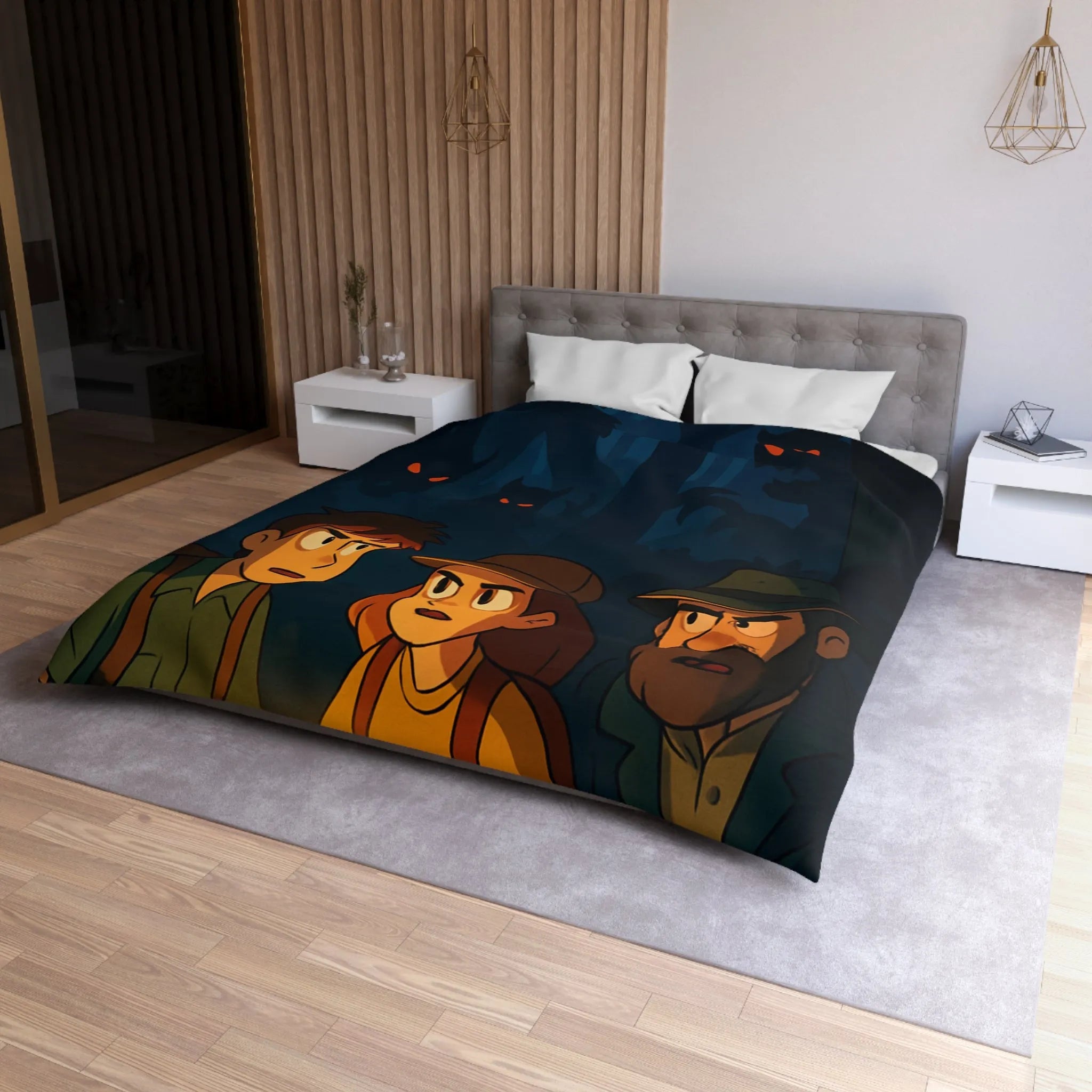 Housse de Couette Forêt Enchantée Nocturne avec Aventuriers et Créatures Mystiques Illustrée