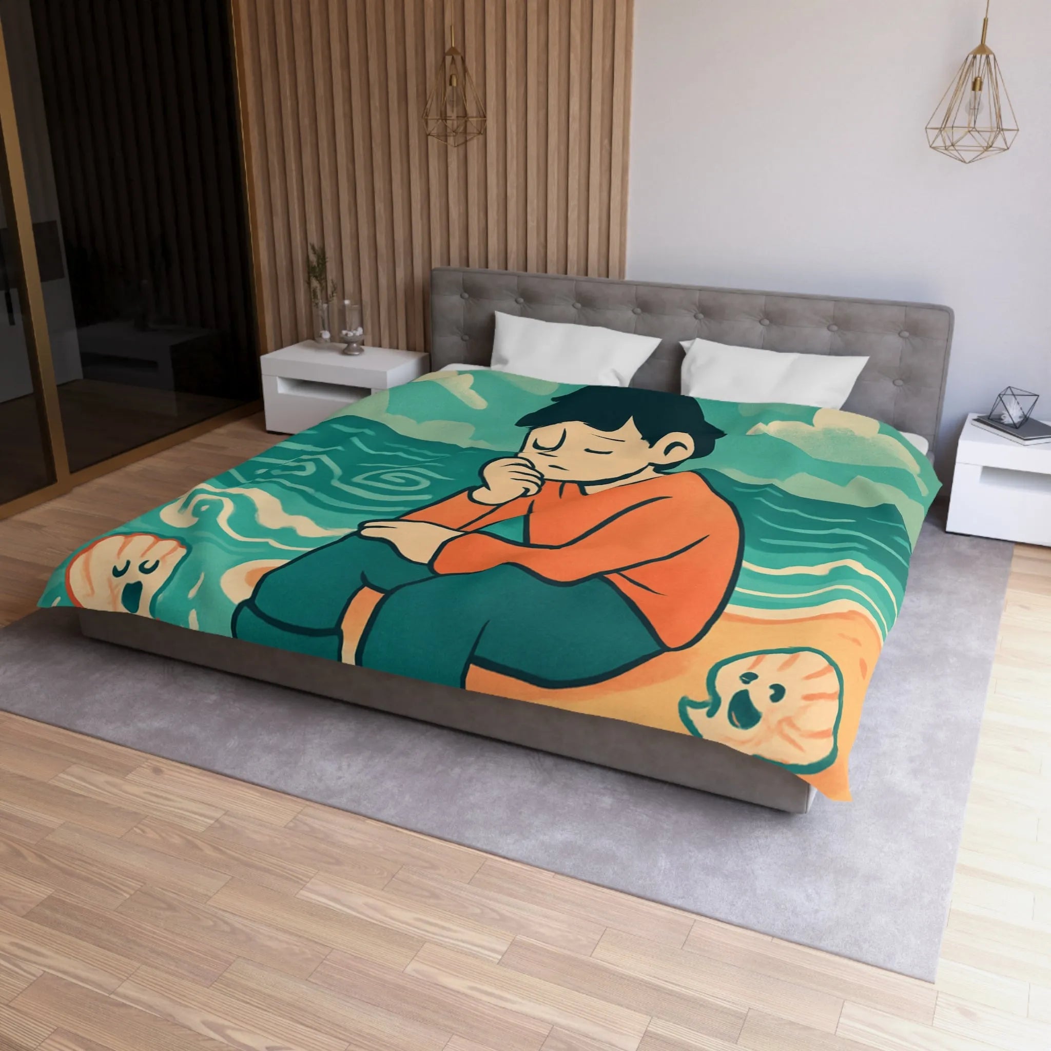 Housse de couette avec illustration rêveuse garçon pensif et coquillages joyeux sur plage