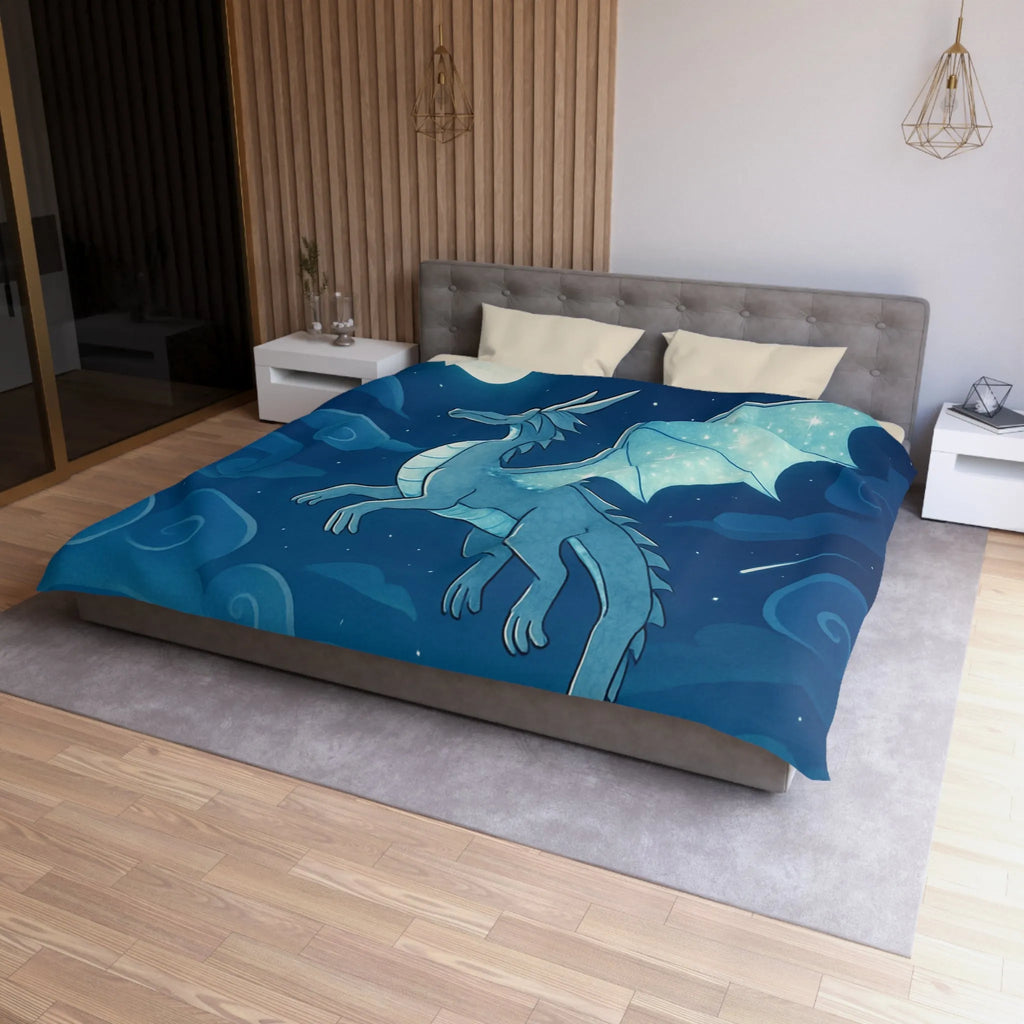 Housse de couette avec dragon bleu étincelant volant sous lune et étoiles scintillantes
