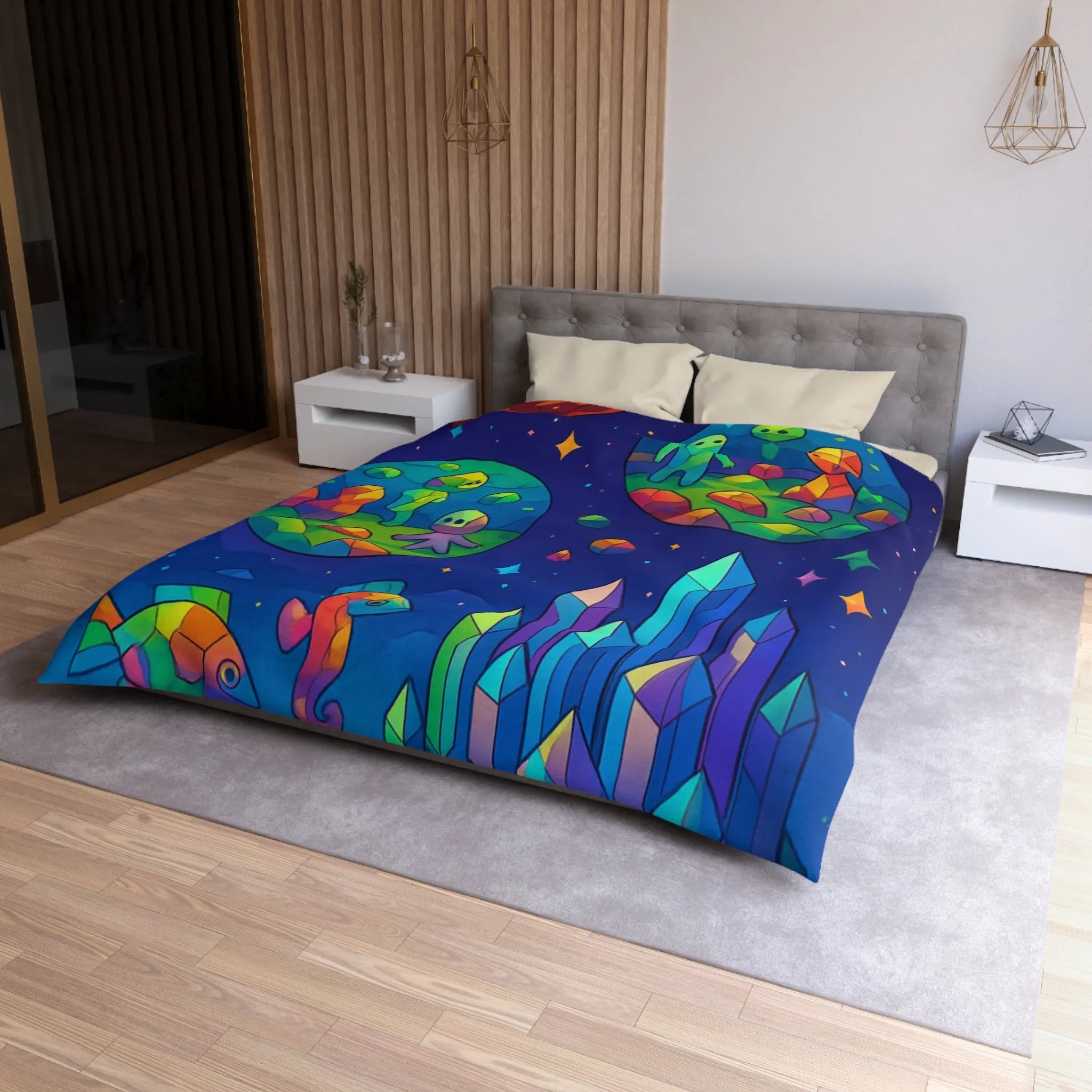 Housse de couette colorée avec paysages extraterrestres, créatures mignonnes et cristaux célestes