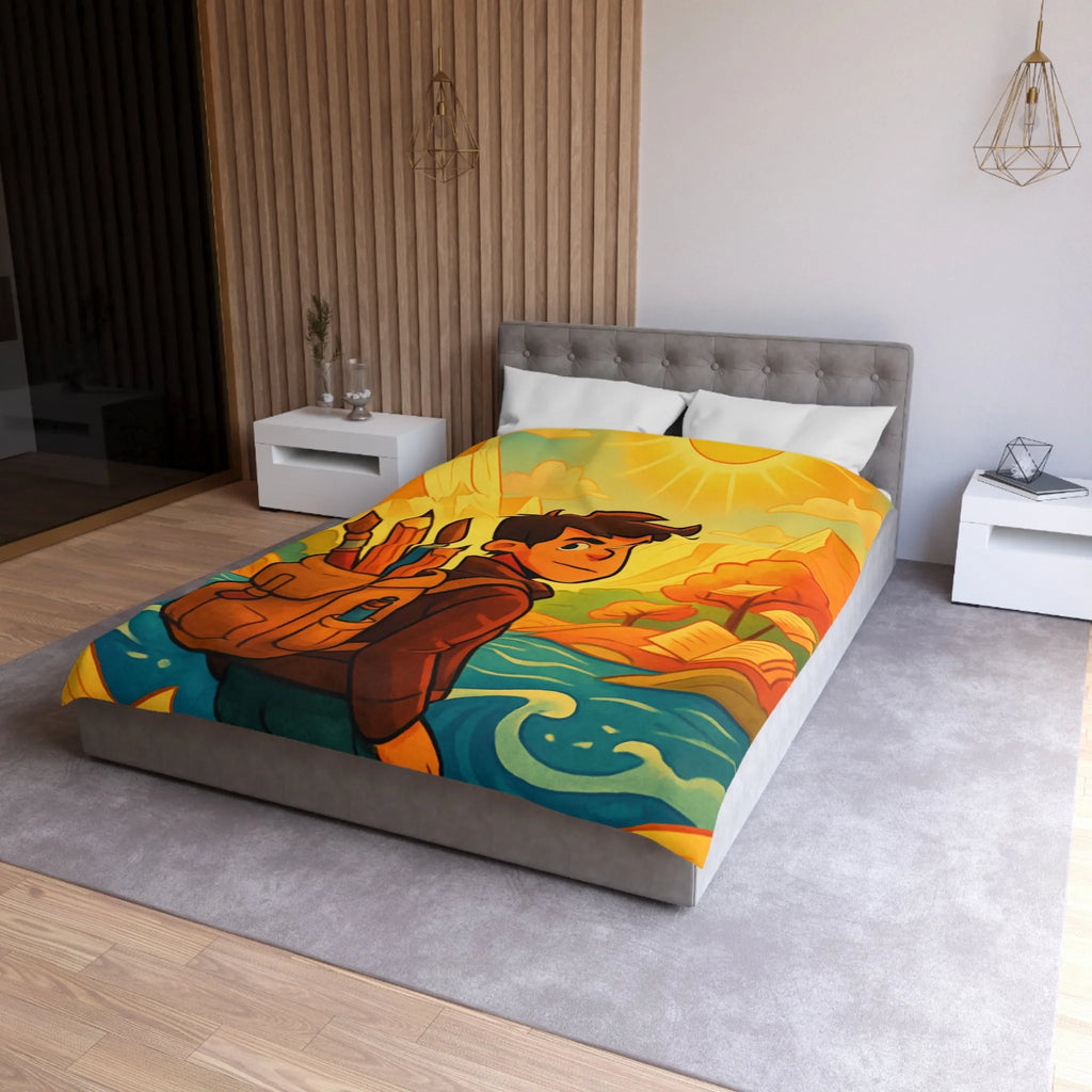 Housse de couette artistique colorée avec paysage lumineux et personnage aventureux dessiné