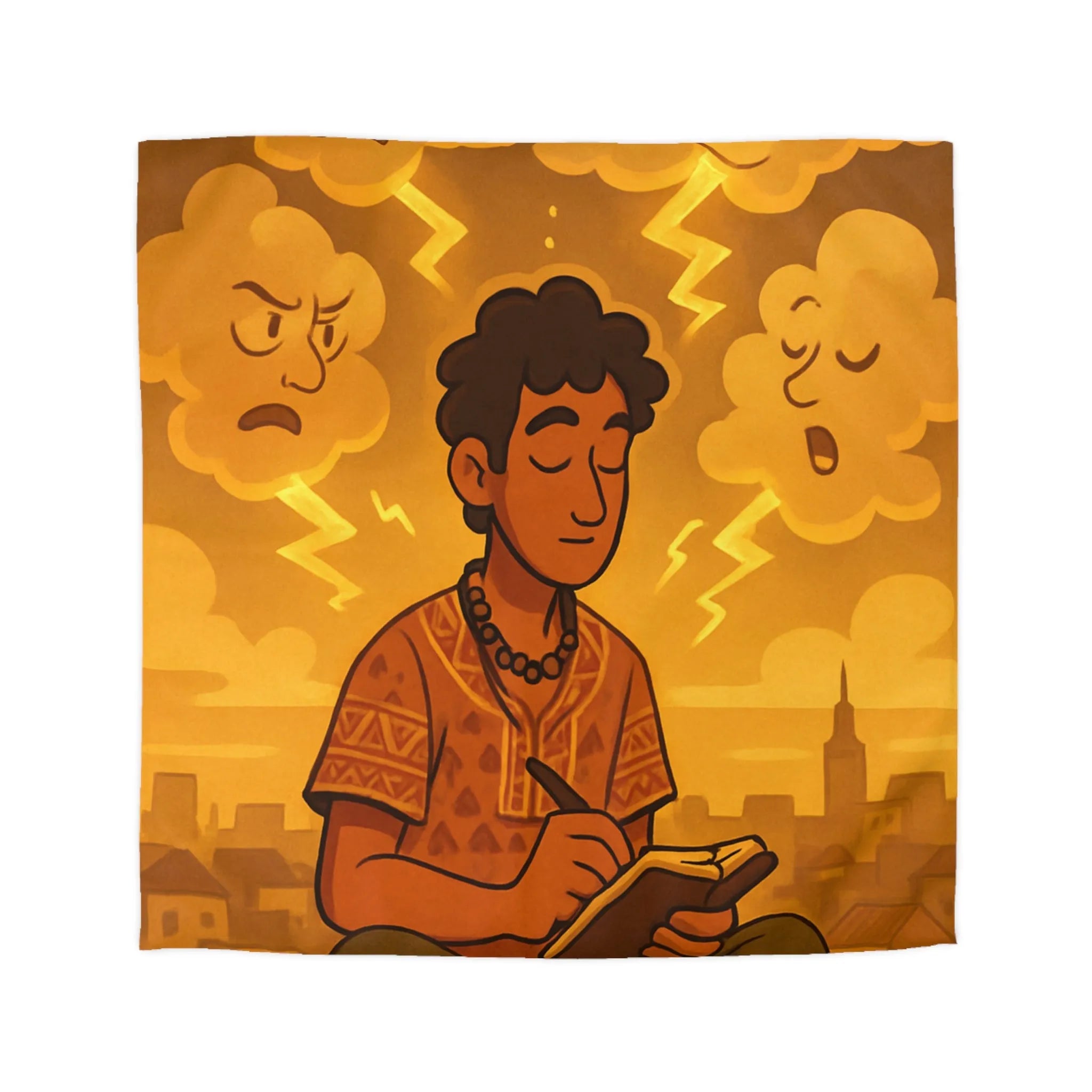 Housse de couette artistique avec motif méditatif, nuageux et expressions émotionnelles illustrées