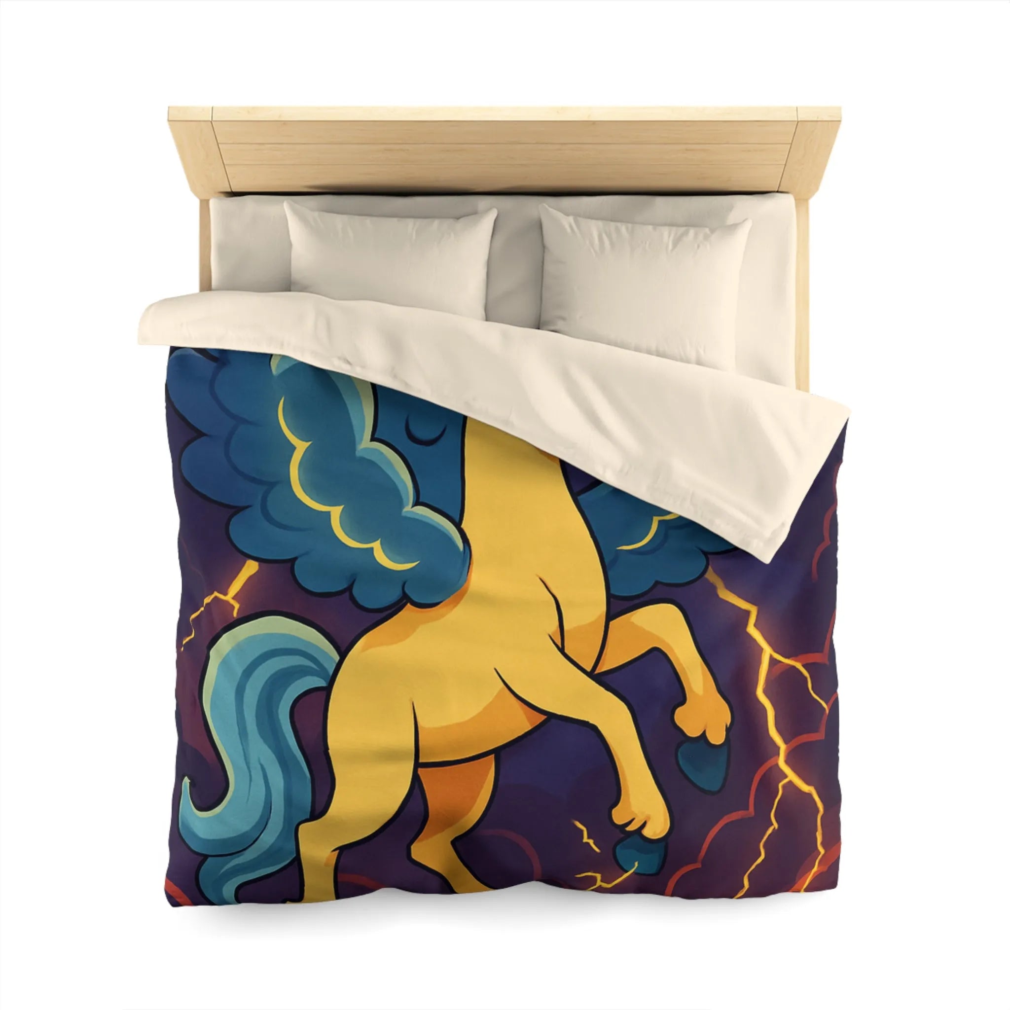 Housse de Couette Fantaisie Licorne Ailée avec Nuages Orageux et Éclairs Majestueux