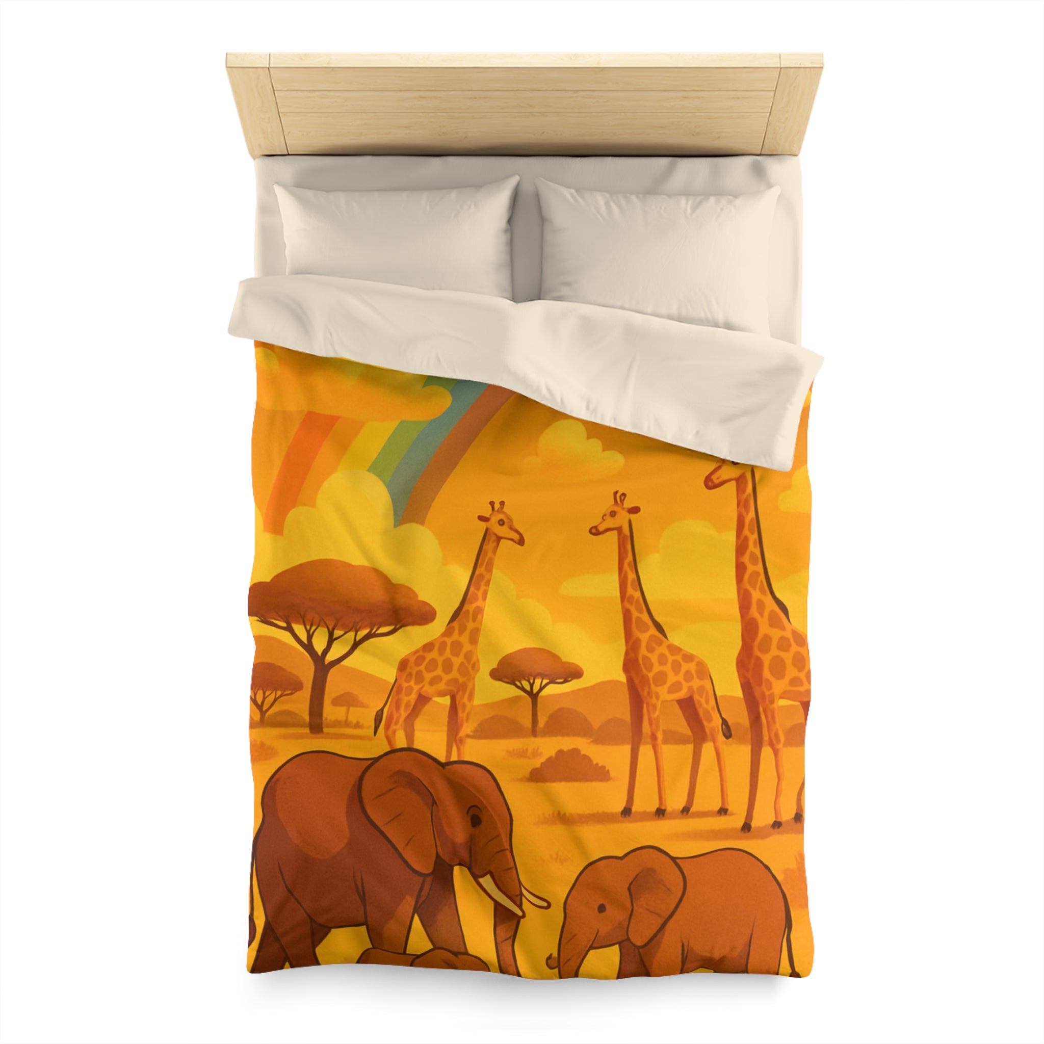 Housse de couette safari enfant avec éléphants, girafes et arc-en-ciel vibrant
