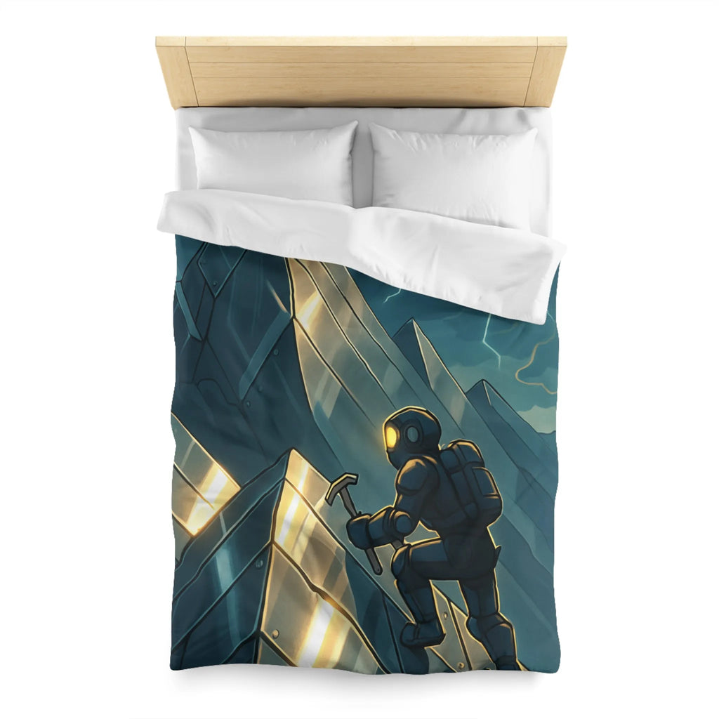 Housse de couette futuriste avec alpiniste et montagnes sous orage électrique