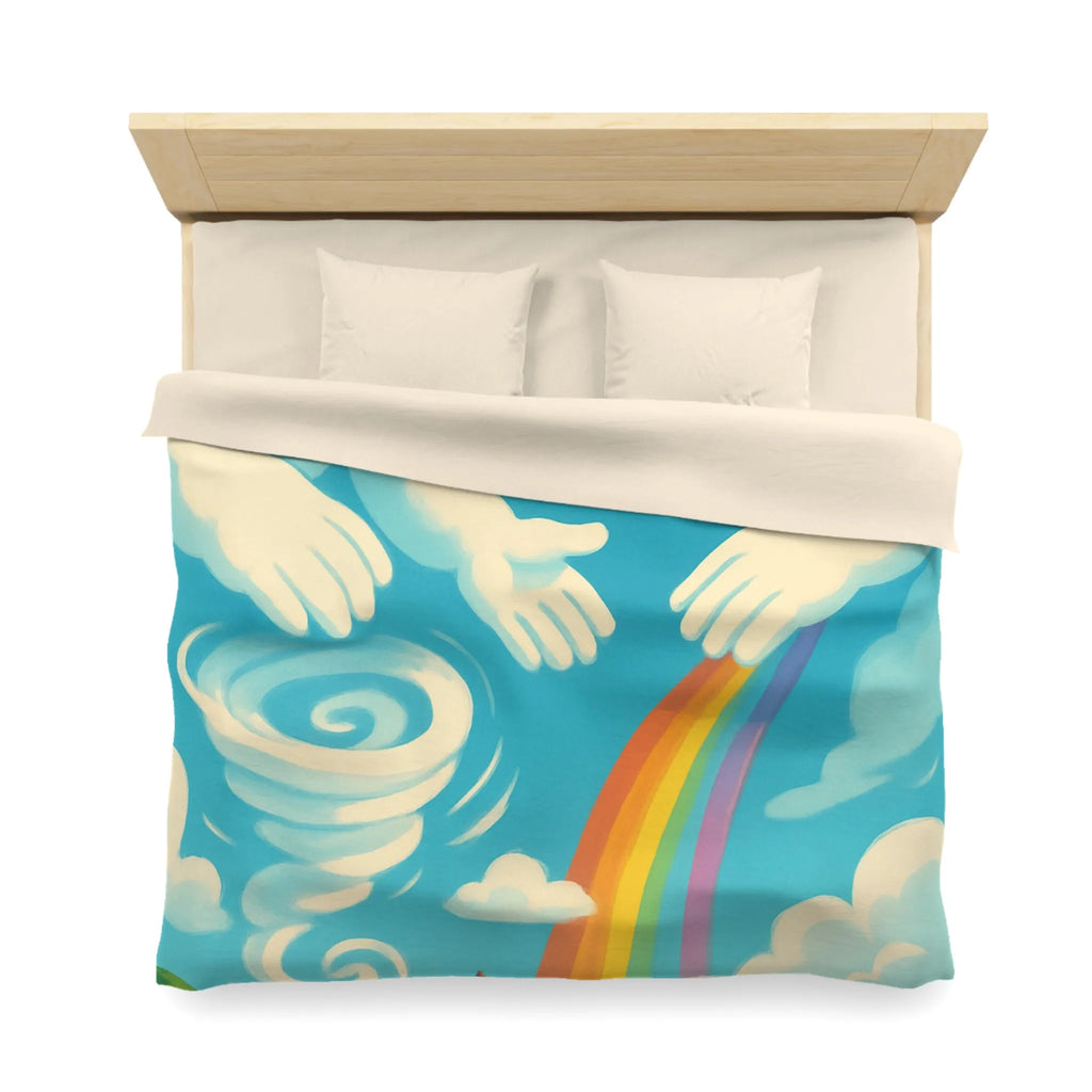 Art ludique de nuages souriants au-dessus d'un village teinté de couleurs vives