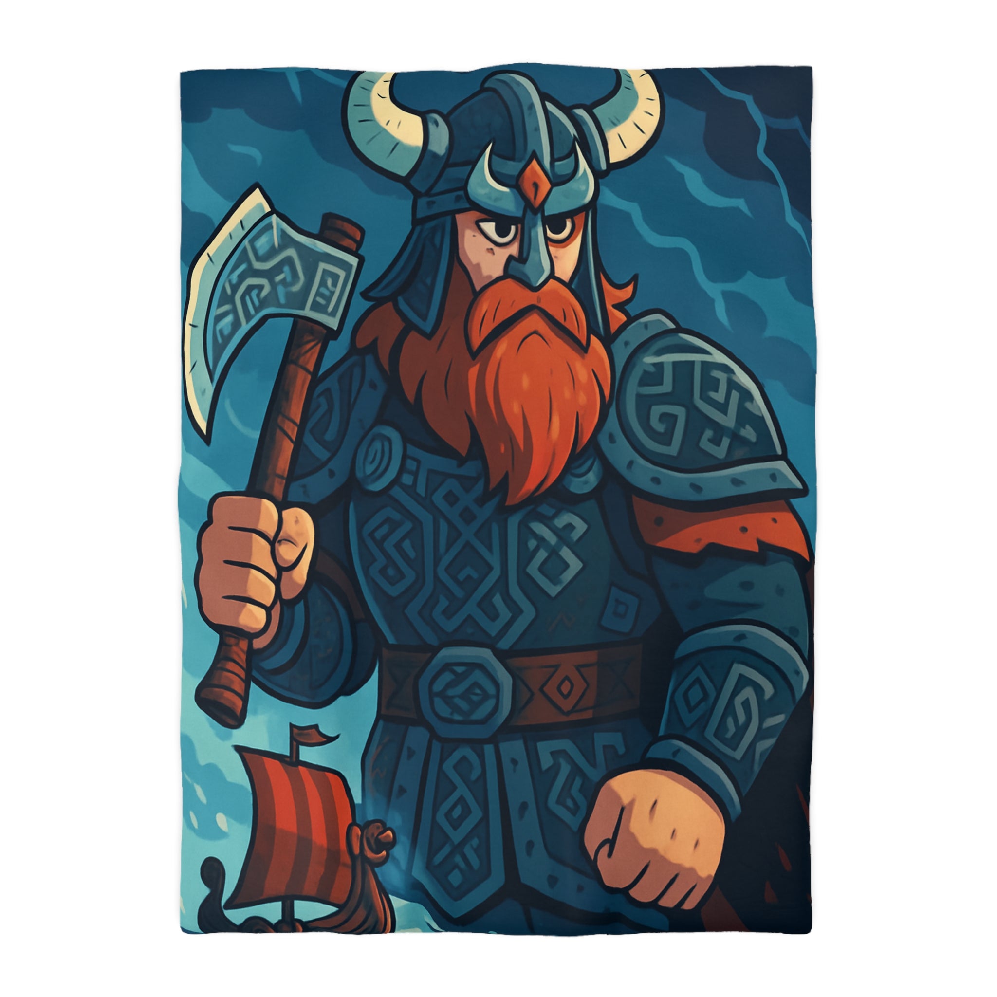 Housse de Couette Viking Illustrée avec Guerrier et Drakkar sur Fond Océan Tempétueux