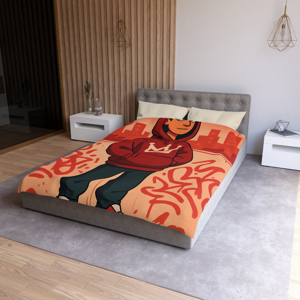 Housse de couette urbaine rouge avec motif couronne et graffiti artistique moderne
