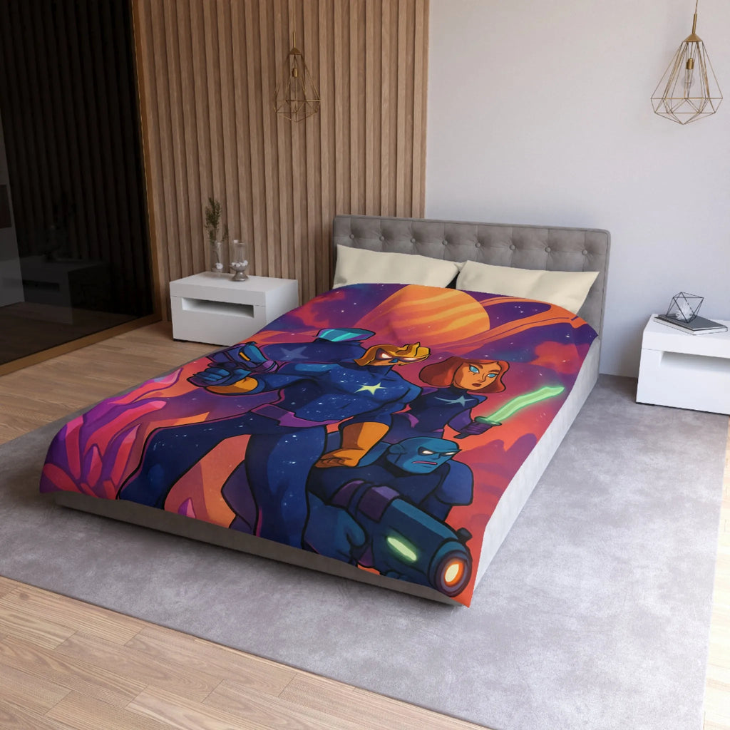 Équipe de héros galactiques armés dans une scène spatiale vibrante avec cristaux