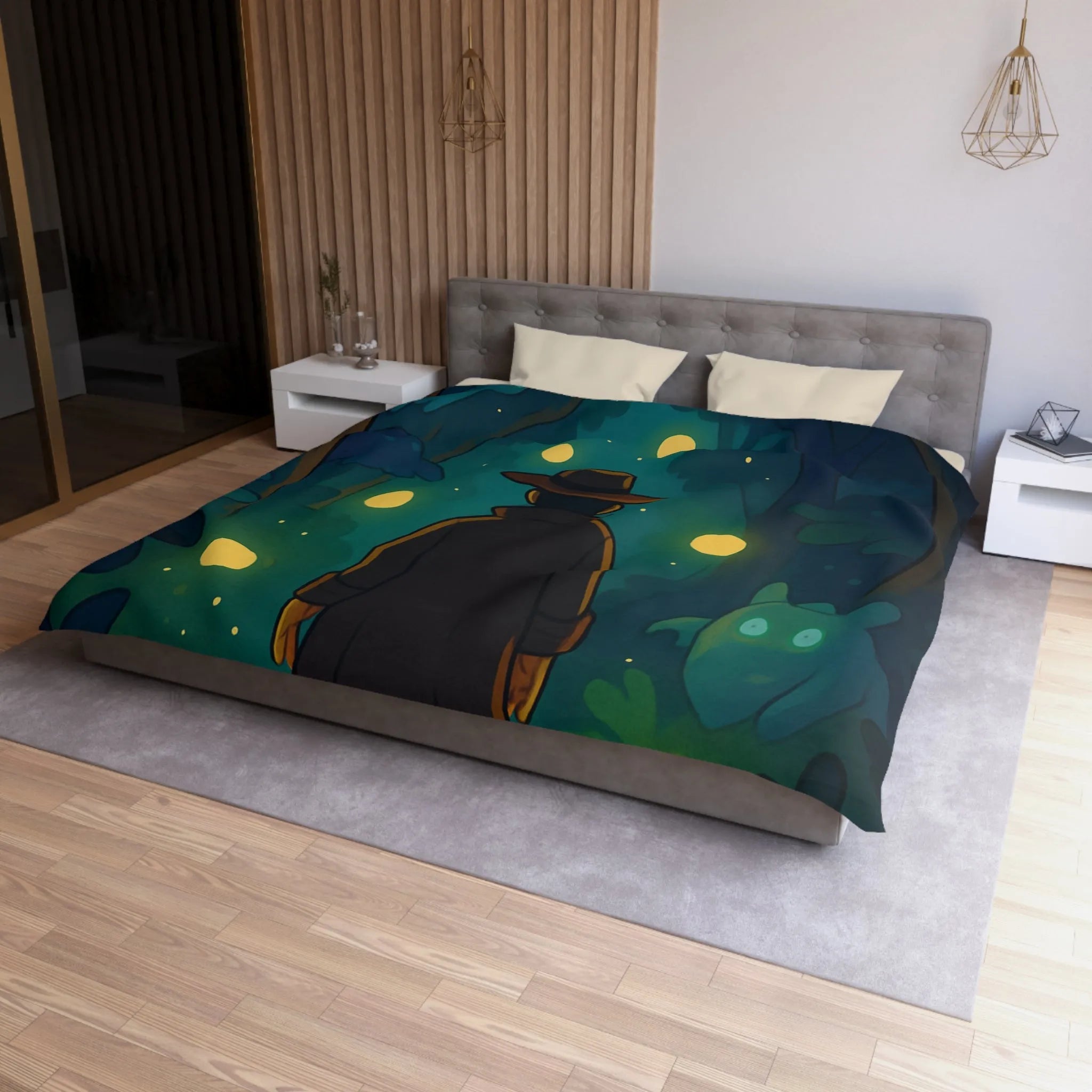 Housse de Couette Forêt Mystique avec Créatures Lumineuses et Promeneur en Chapeau