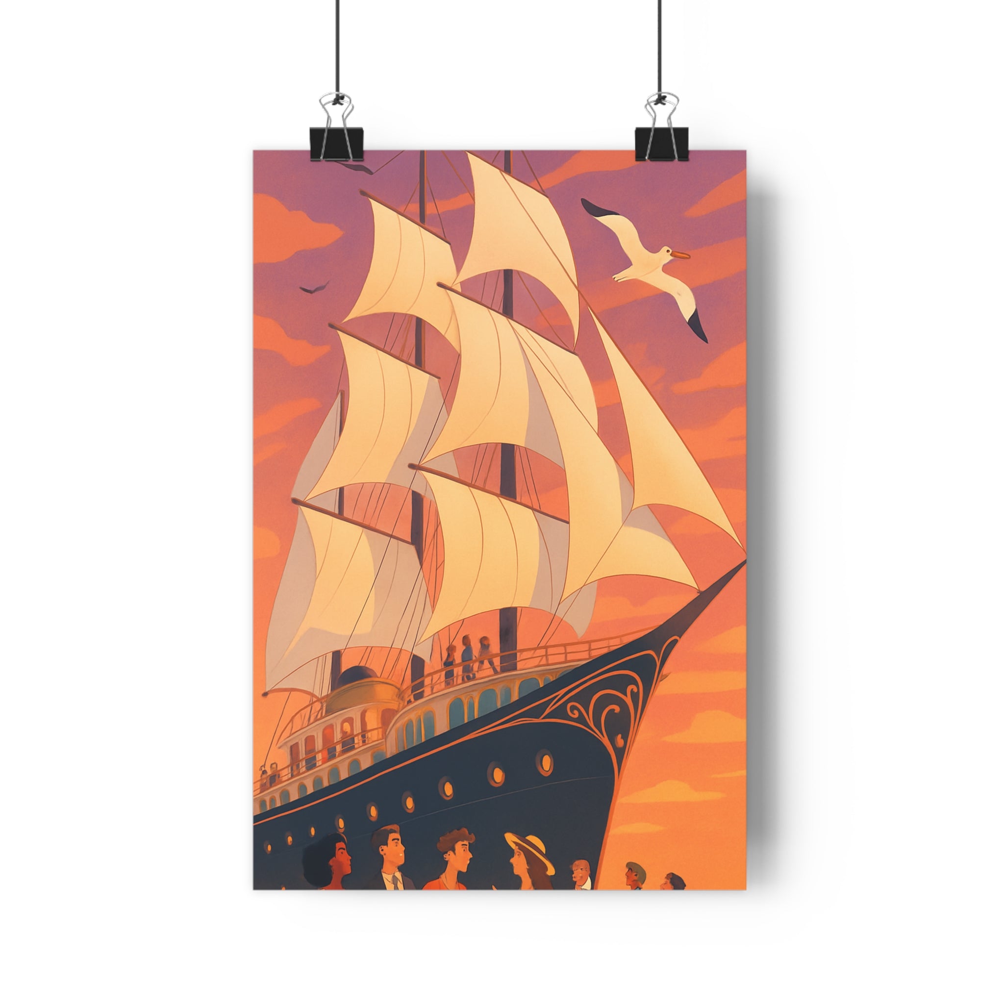 Poster décoratif voilier majestueux art déco cartoon rose orange aventure salon chambre élégant vibrant