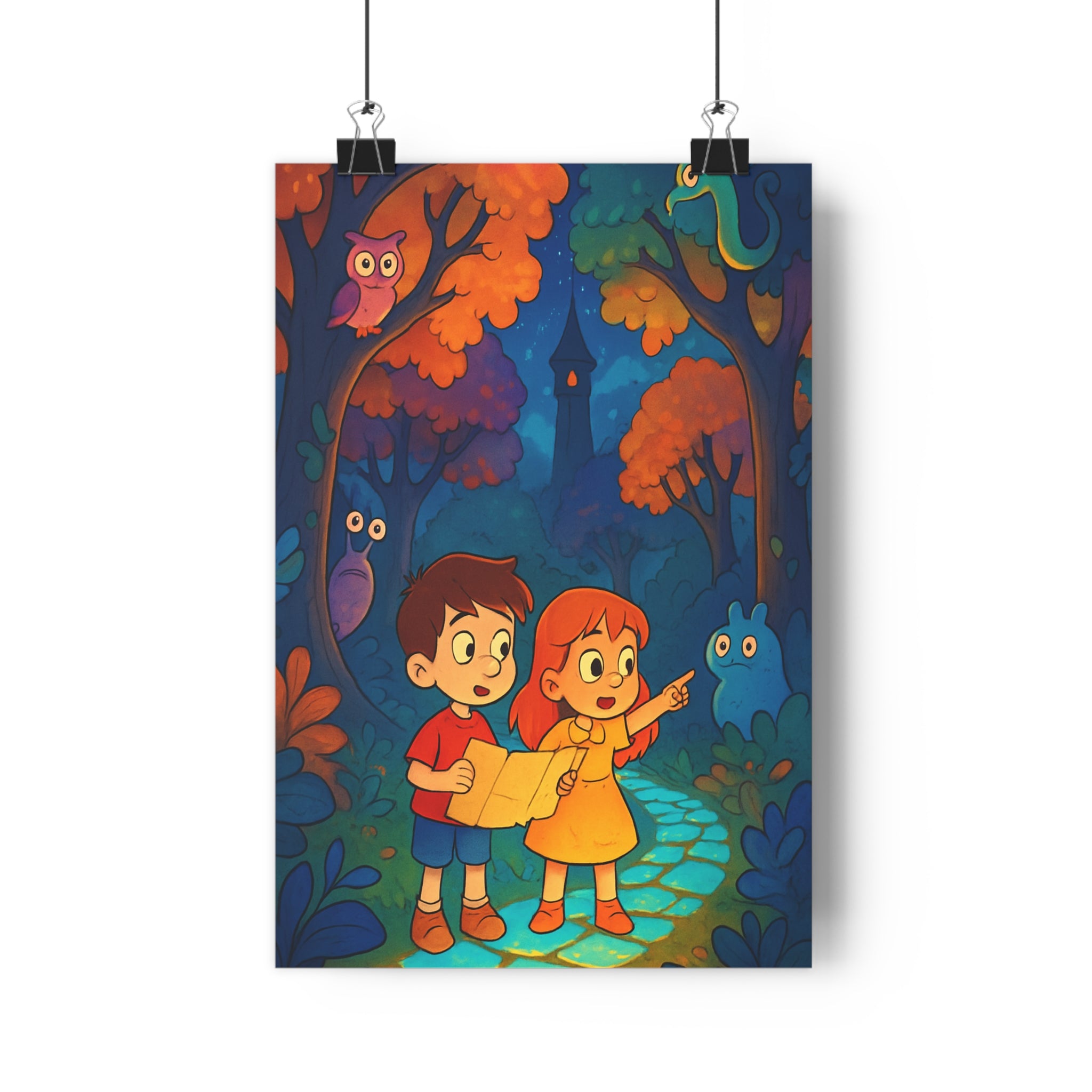 Poster décoratif féérique enfants forêt enchantée jaune violet aventure mystique chambre créature magique exploration