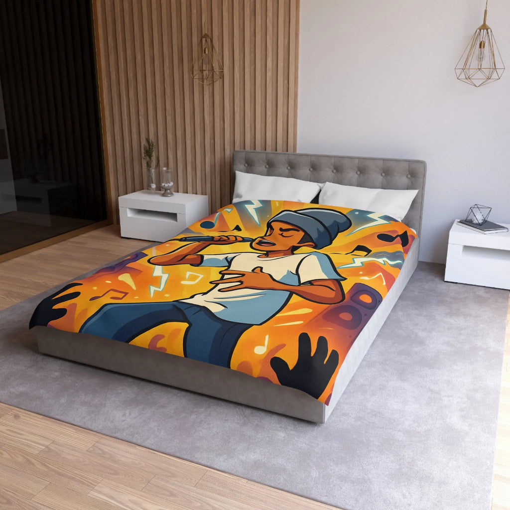 Housse de couette ambiance concert urbain avec chanteur et éclairs musicaux colorés