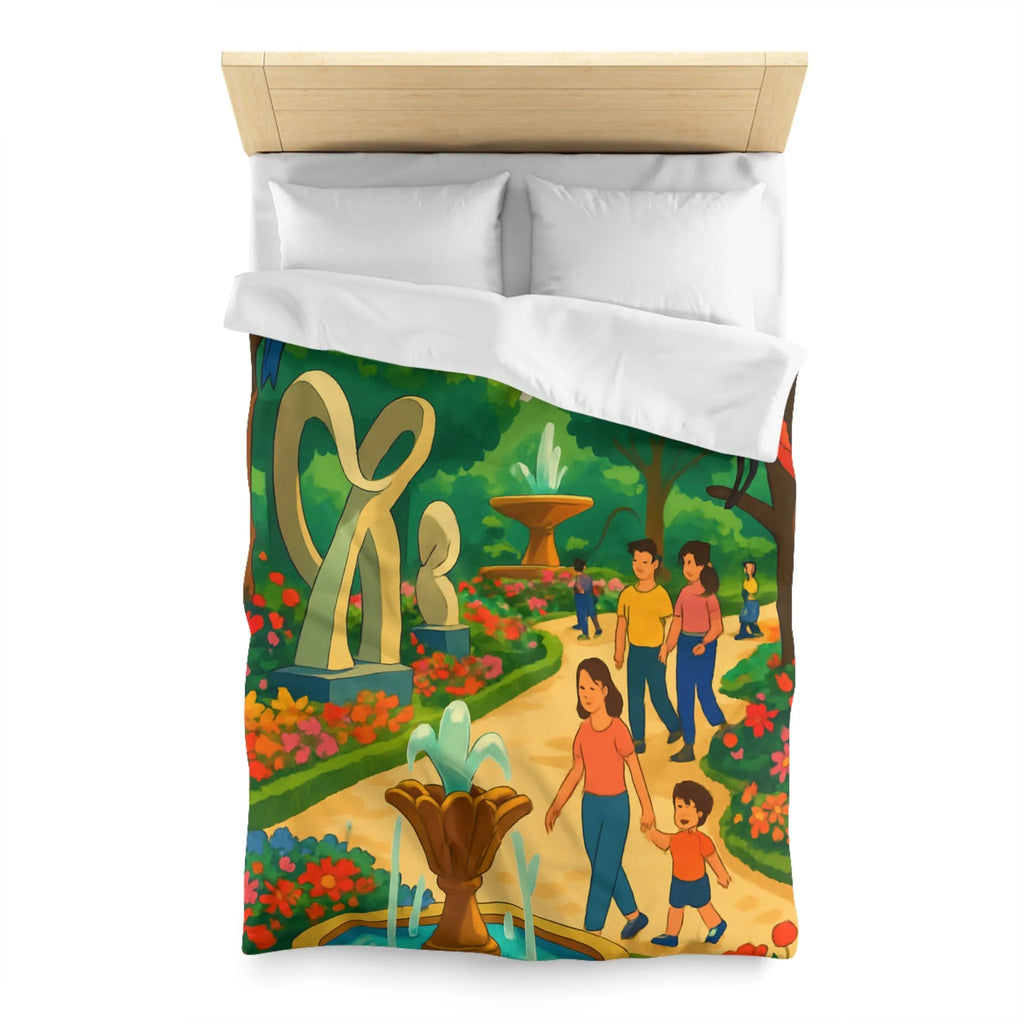 Housse de Couette Colorée Illustrant un Jardin avec Oiseaux et Familles en Promenade