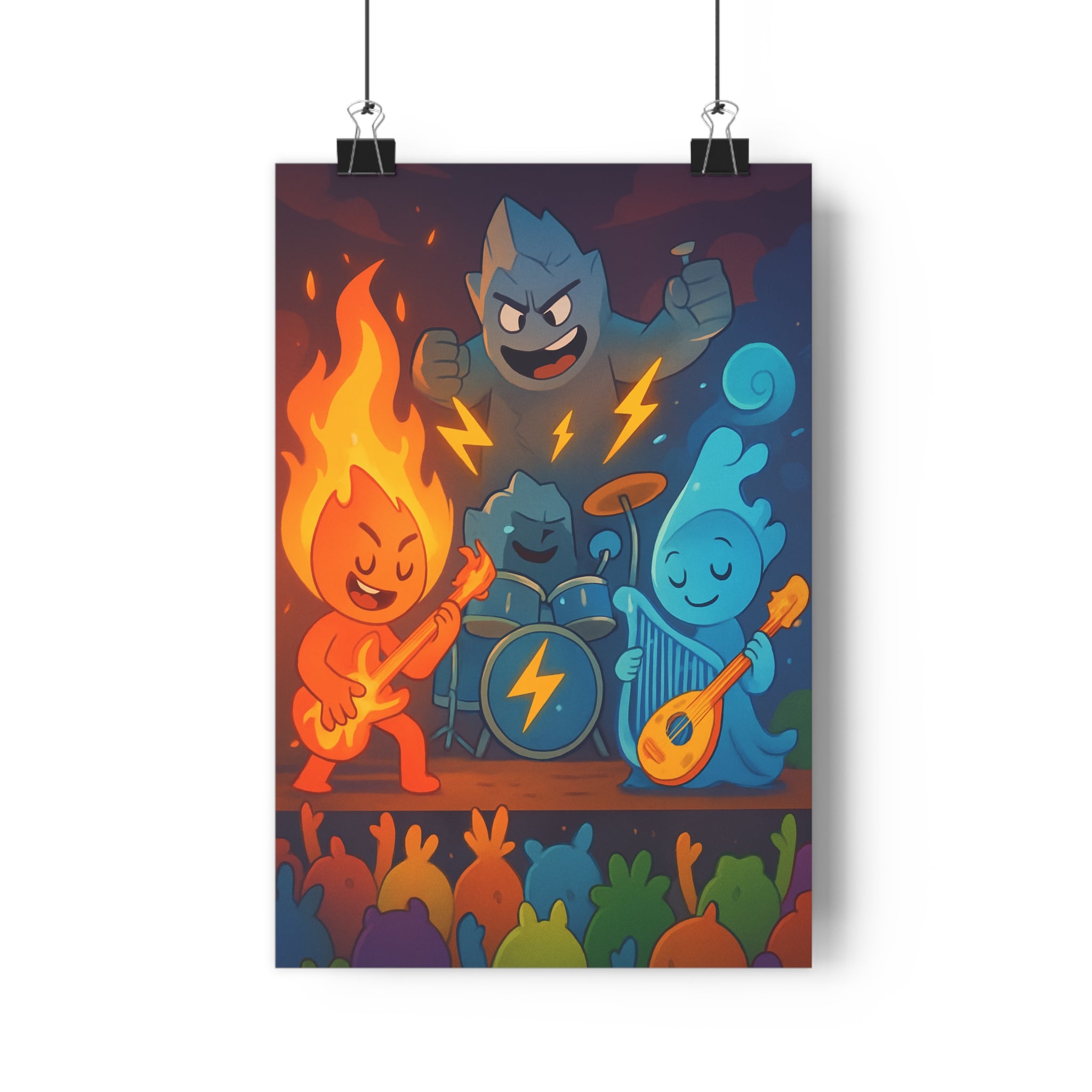 Poster décoratif joyeux créature élémentaire rouge bleu orange musique salon chambre moderne vibrant ambiance