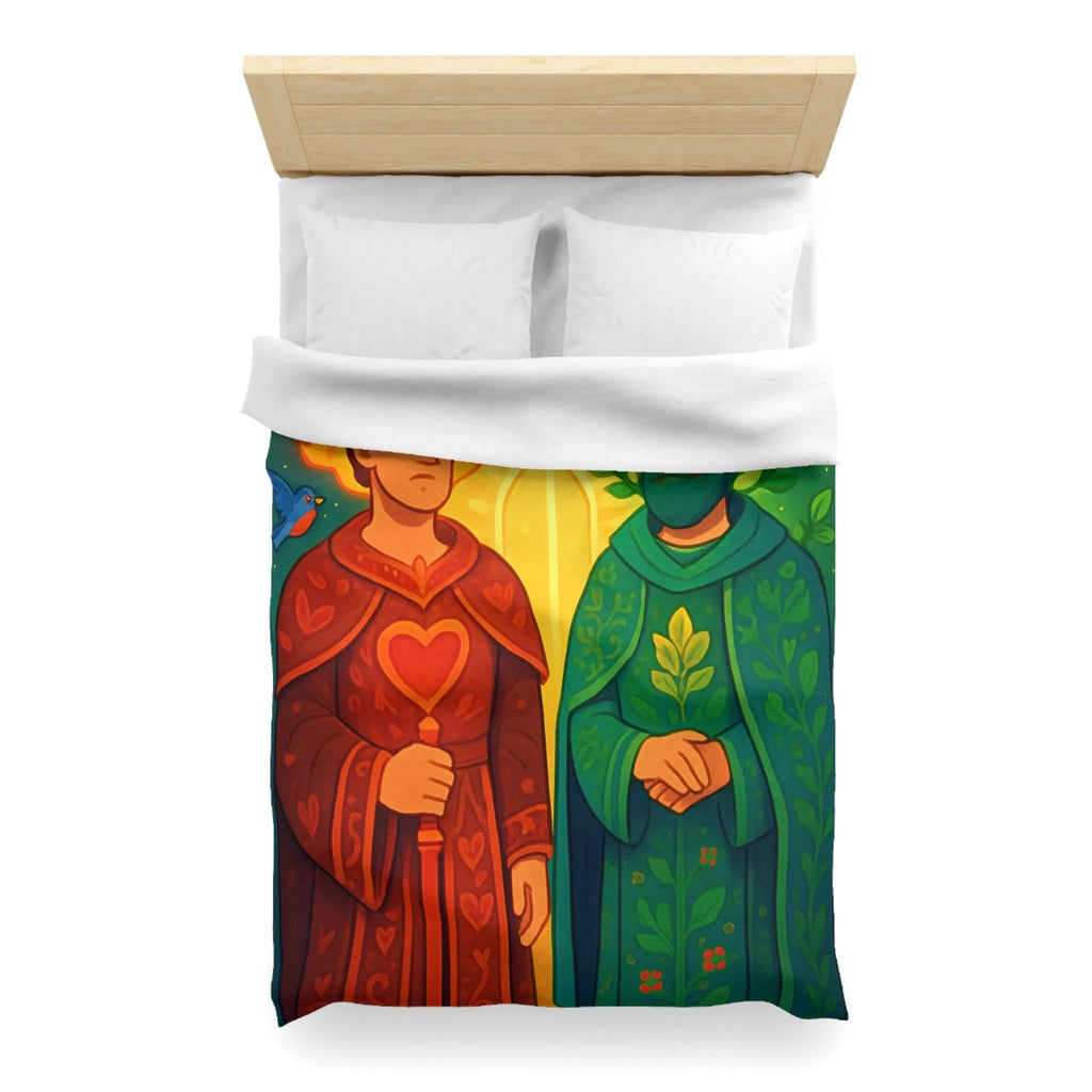 Housse de Couette Colorée avec Illustration Médiévale de Personnages Mystiques et Oiseaux Enchantés