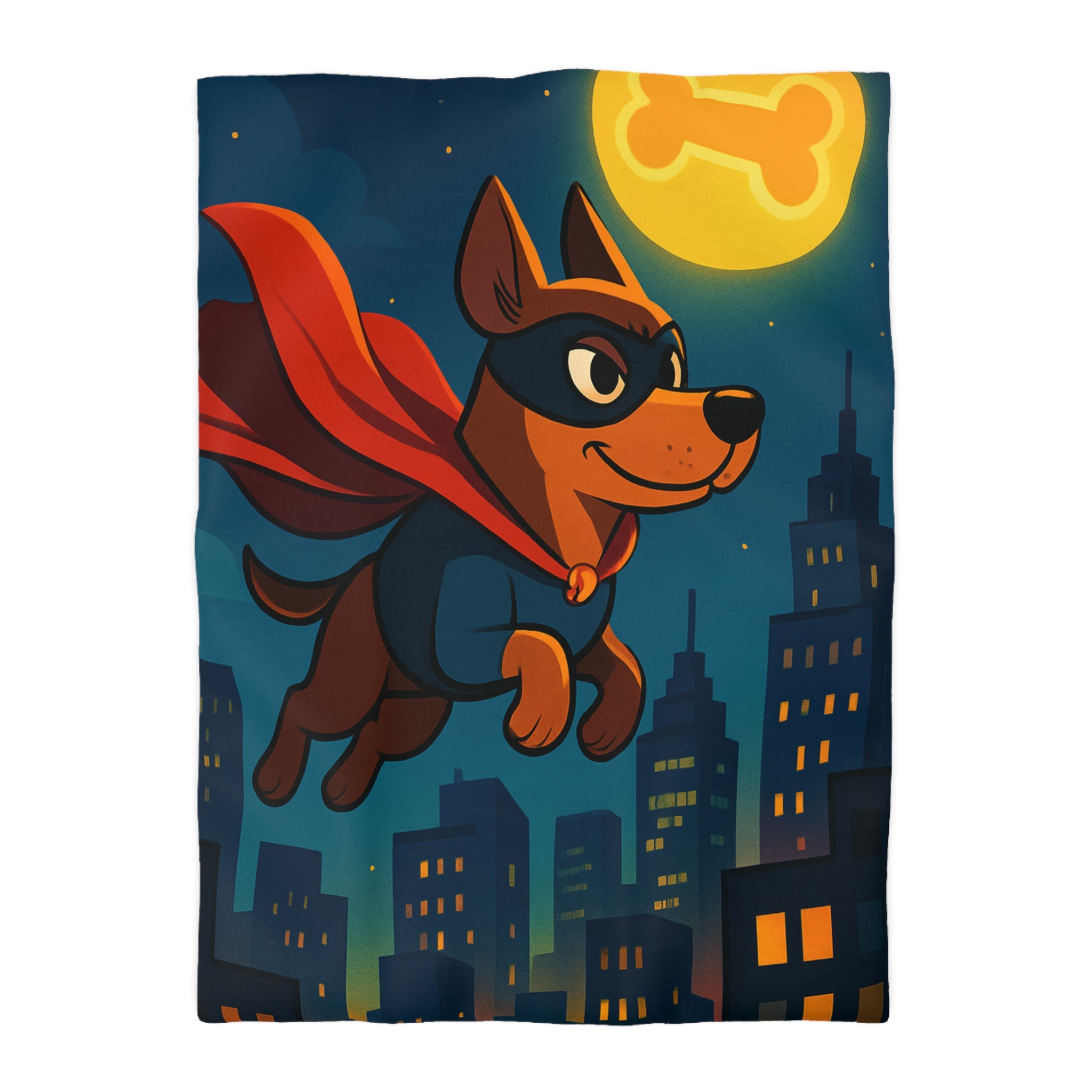 Super chien volant avec lune en forme d'os, cape rouge, horizon nocturne