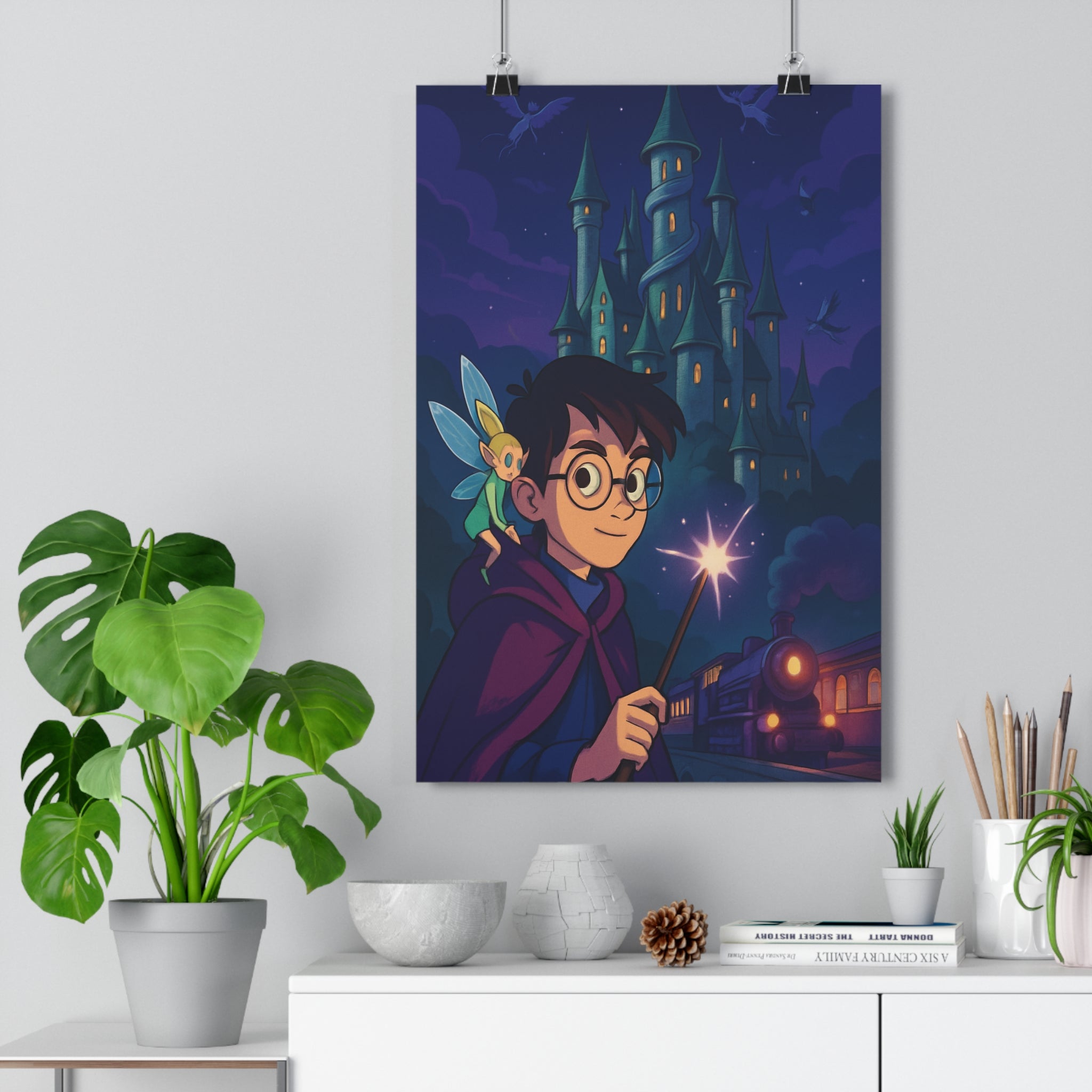 Poster décoratif mystique bleu violet garçon enchanté magique fée château étoiles enfant chambre rêveur
