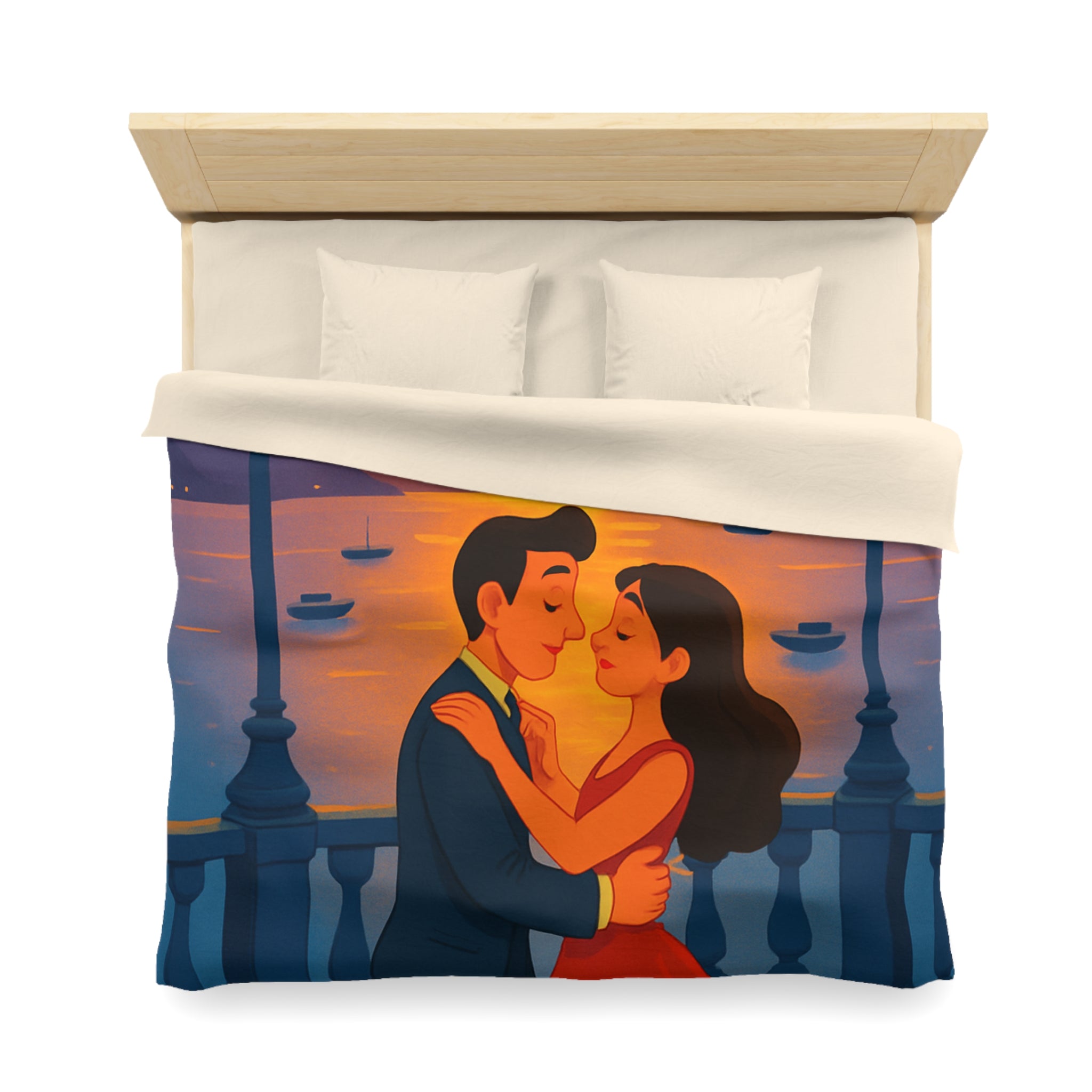 Housse de couette romantique coucher de soleil couple dansant au bord de mer