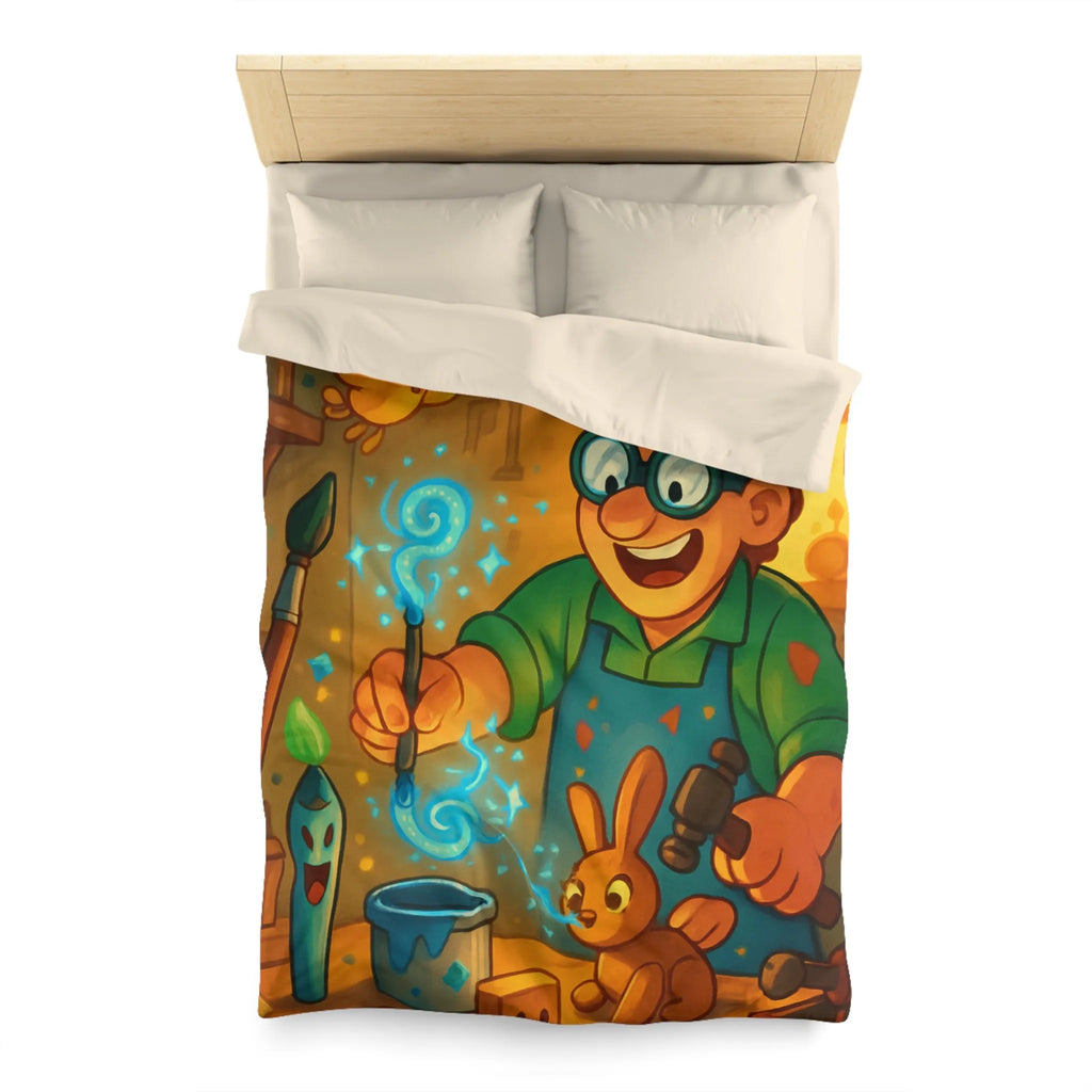 Artisan heureux sculpte figurines magiques dans atelier en bois lumineux et coloré