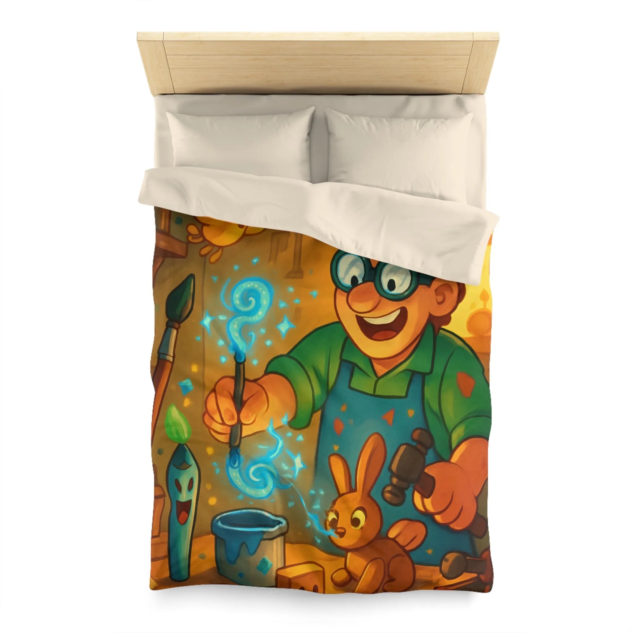 Artisan heureux sculpte figurines magiques dans atelier en bois lumineux et coloré