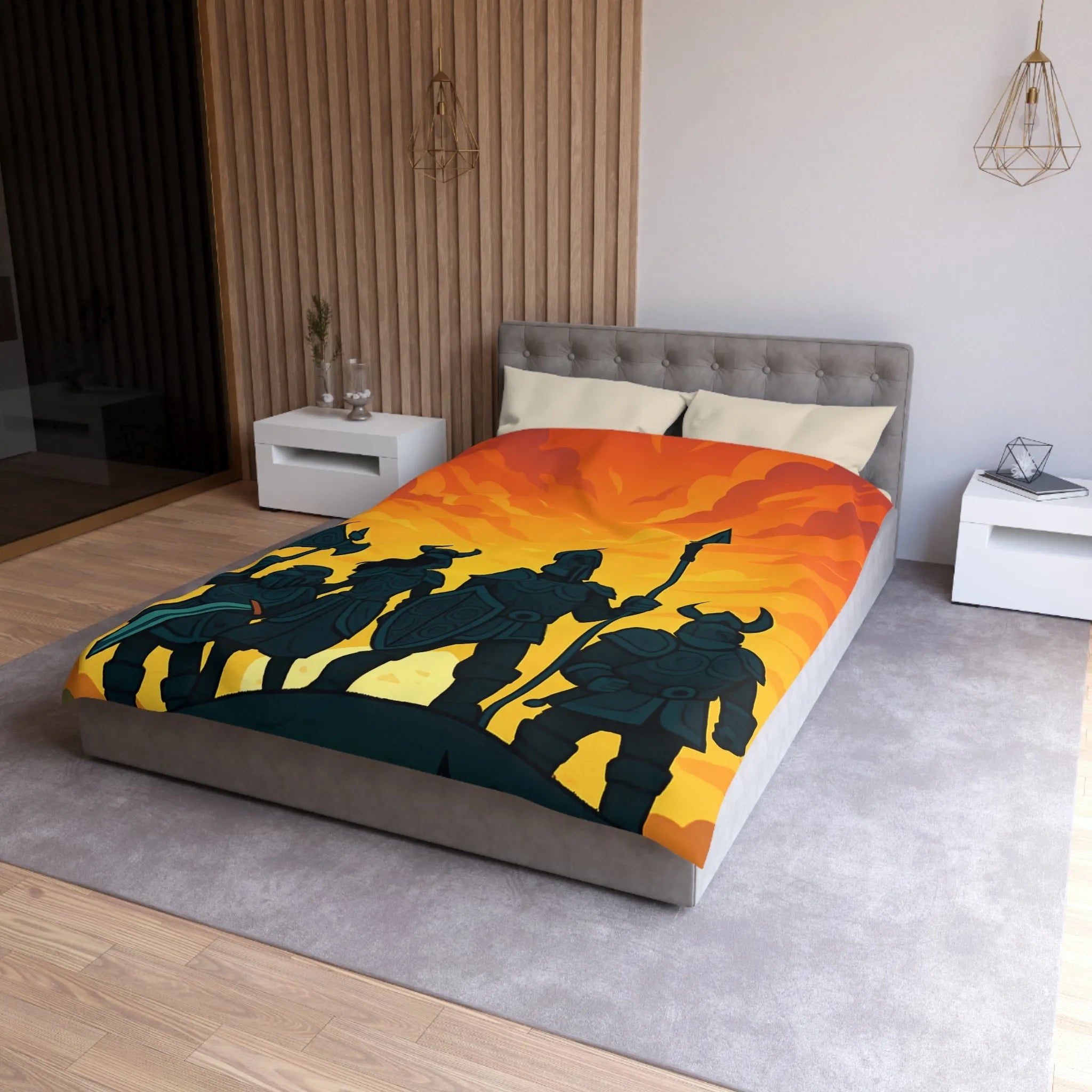 Housse de couette épique avec guerriers sous ciel flamboyant pour décoration médiévale