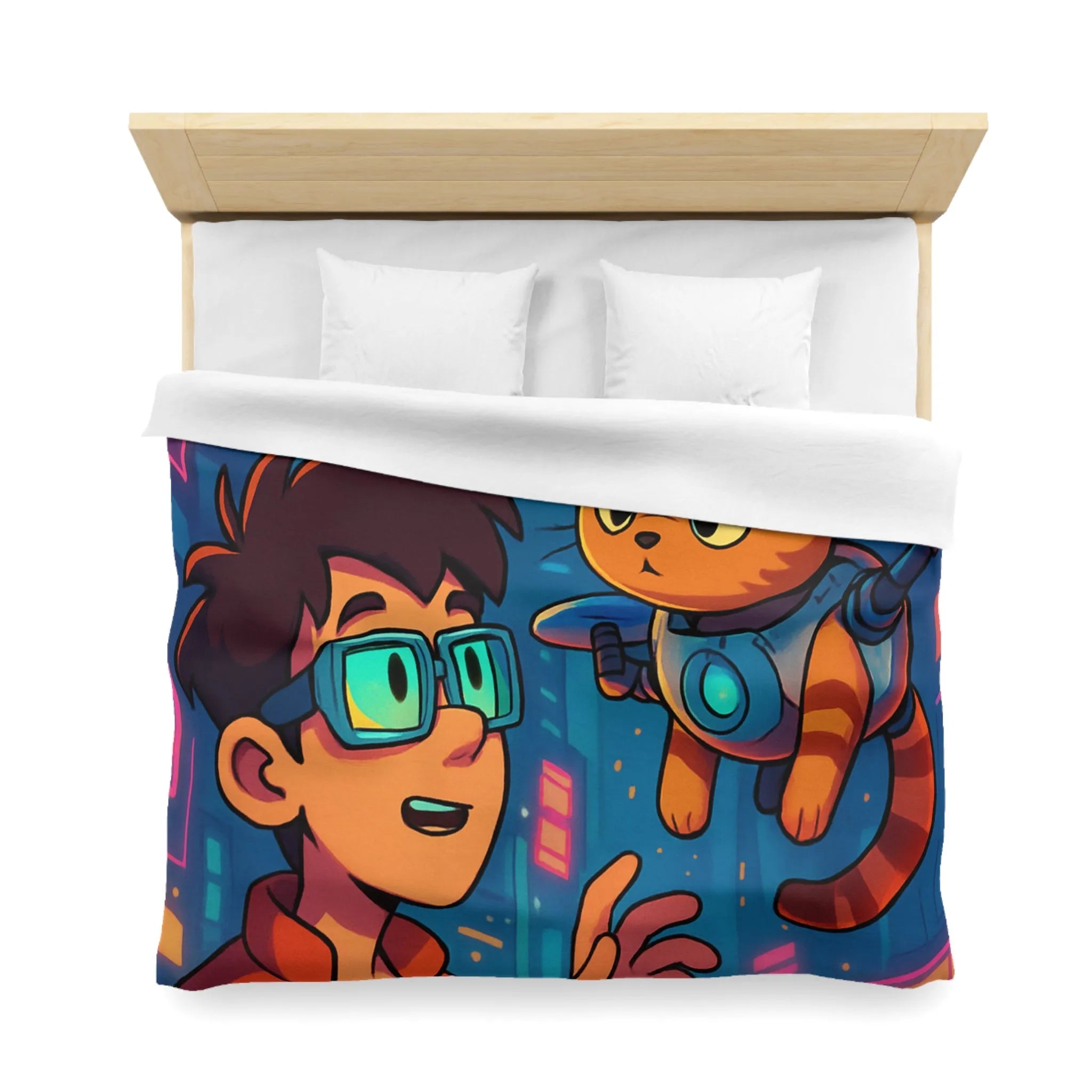 Housse de couette enfants style futuriste avec garçon et chat dans ville cyber