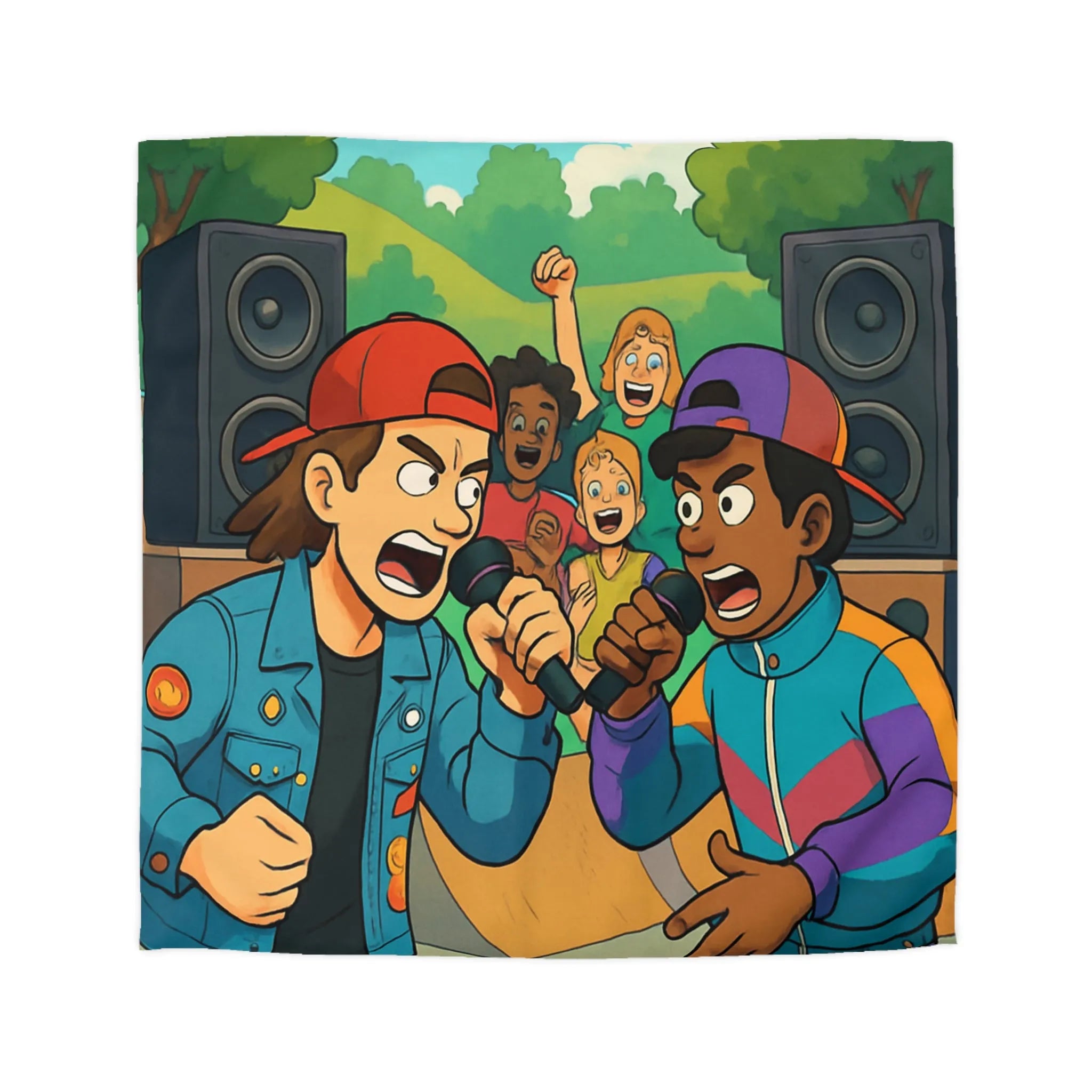 Housse de couette colorée style urbain avec jeunes en compétition de rap animée