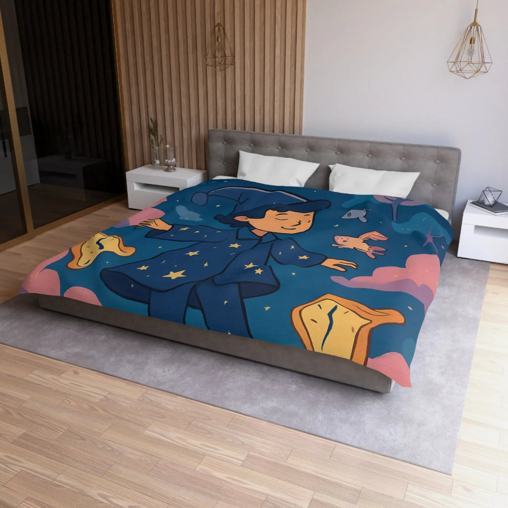 Housse de couette magique avec sorcier enfant rêvant de créatures volantes lunaires