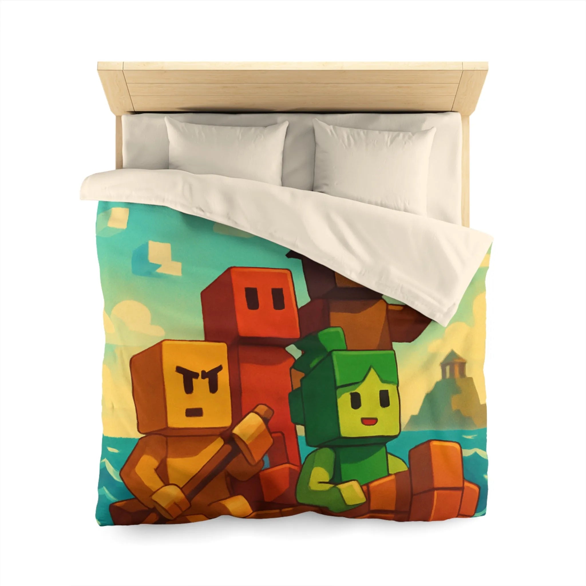 Housse de couette colorée avec personnages pixelisés sur un bateau en mer agité