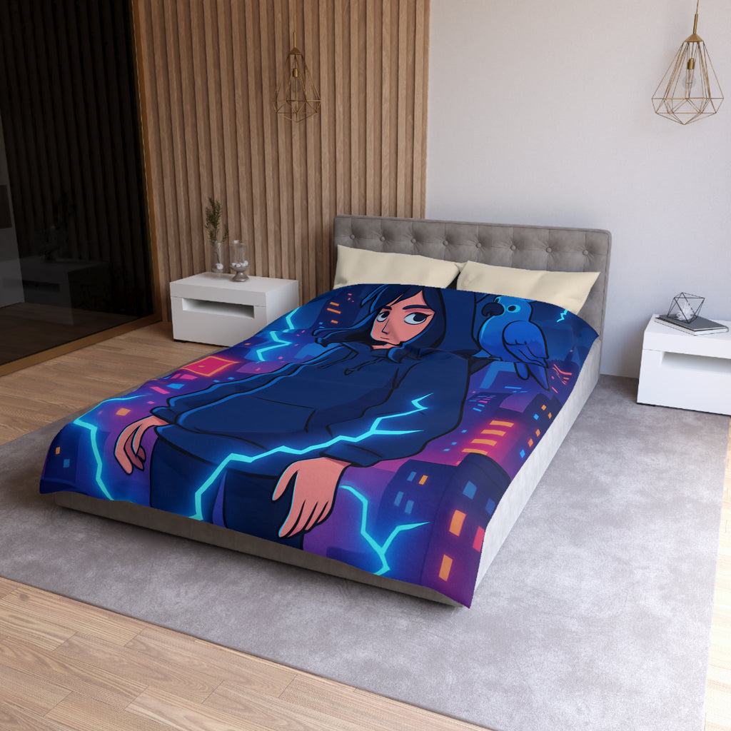 Tendance housse de couette bleu foncé avec motif urbain et perroquet électrique