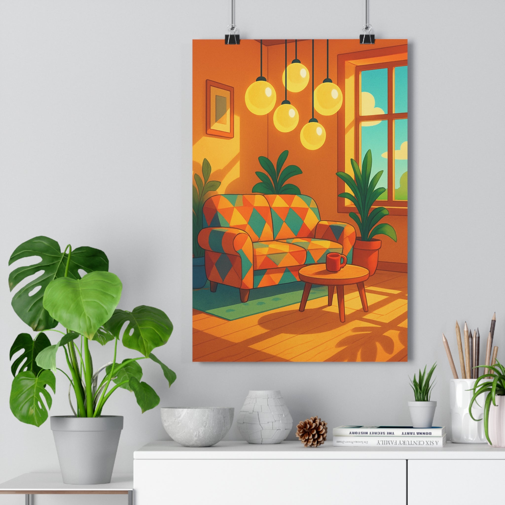 Poster décoratif cartoon coloré salon lumineux géométrique moderne chaleureux plante nature intérieur tendance qualité