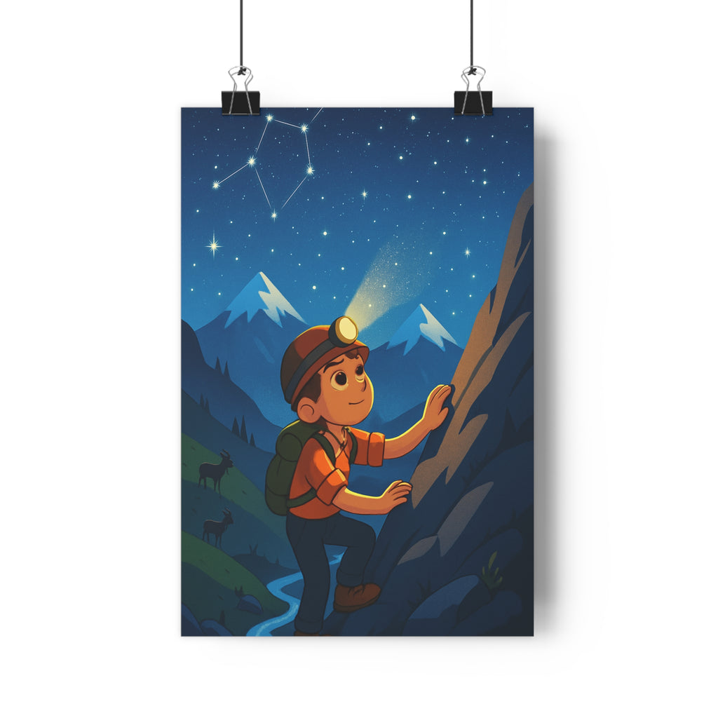 Poster décoratif bleu nuit aventure cartoon explorateur montagne étoilé magique chambre enfant art inspirant