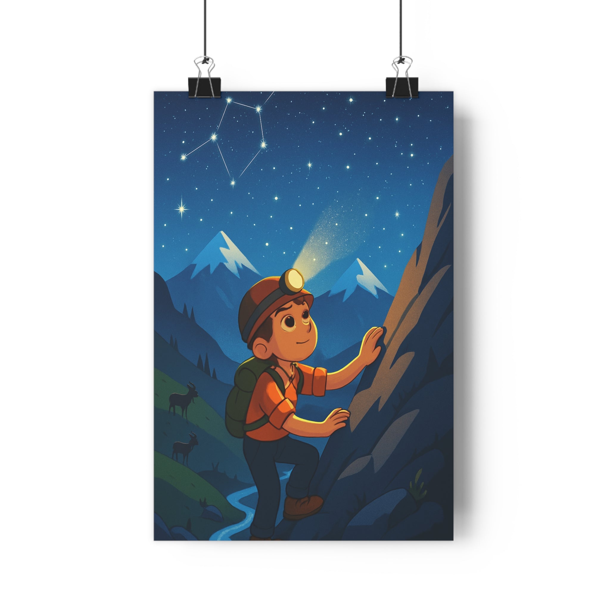 Poster décoratif bleu nuit aventure cartoon explorateur montagne étoilé magique chambre enfant art inspirant