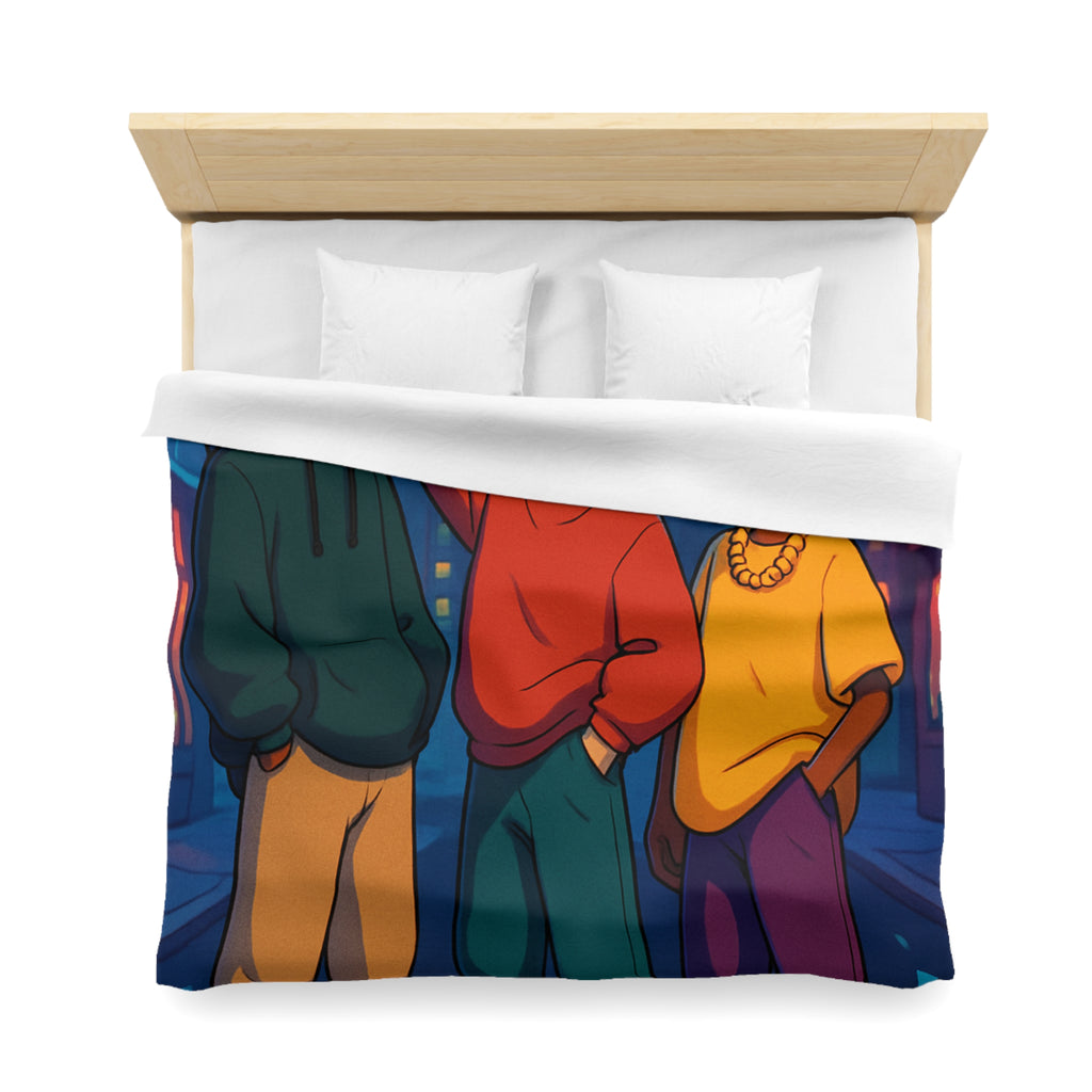 Housse de couette urbaine colorée avec adolescents et radio cassette dans la rue nocturne