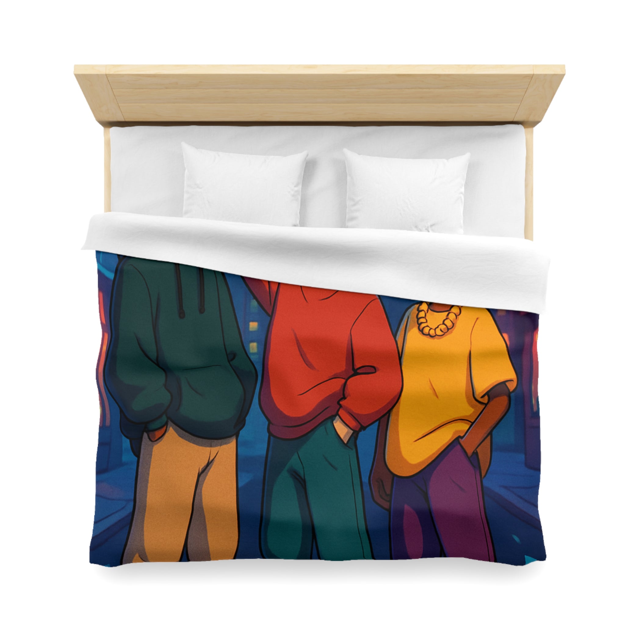 Housse de couette urbaine colorée avec adolescents et radio cassette dans la rue nocturne