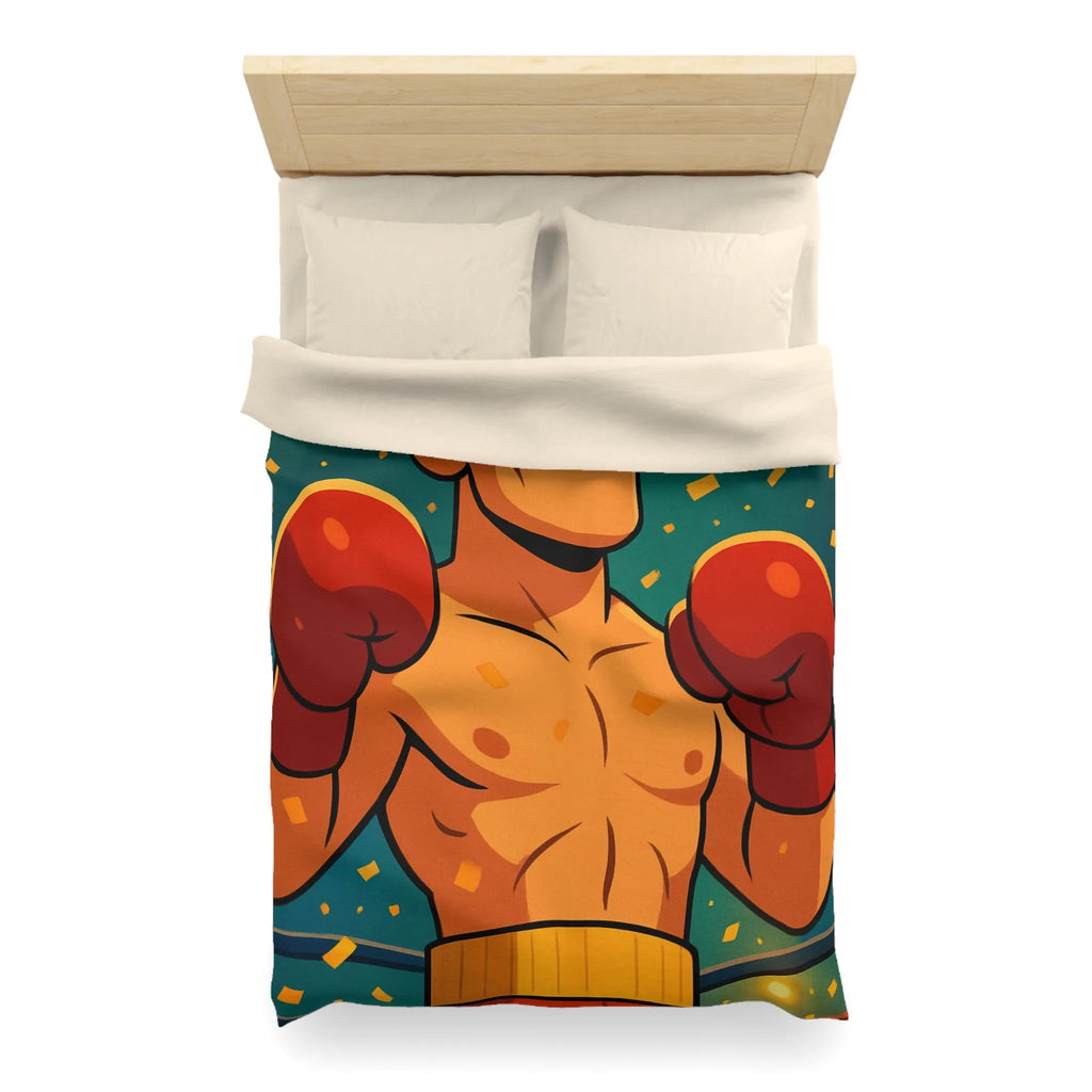 Housse de couette colorée avec boxeur en tenue rouge, ambiance festive dynamique