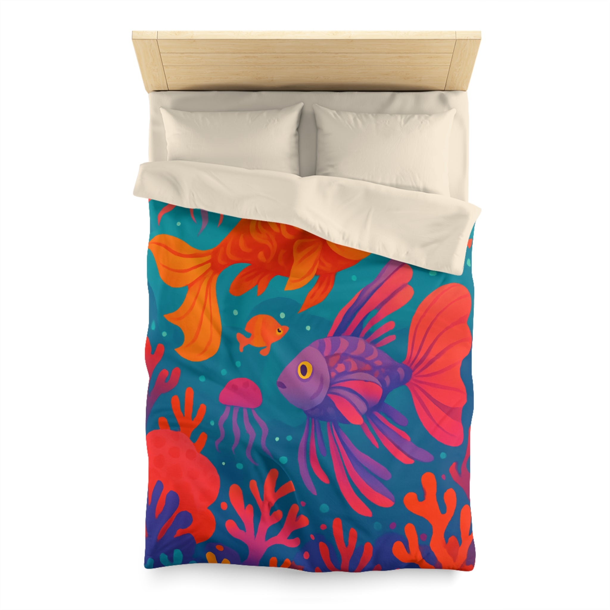 Housse de couette océan coloré avec poissons exotiques et coraux lumineux, ambiance tropicale sereine