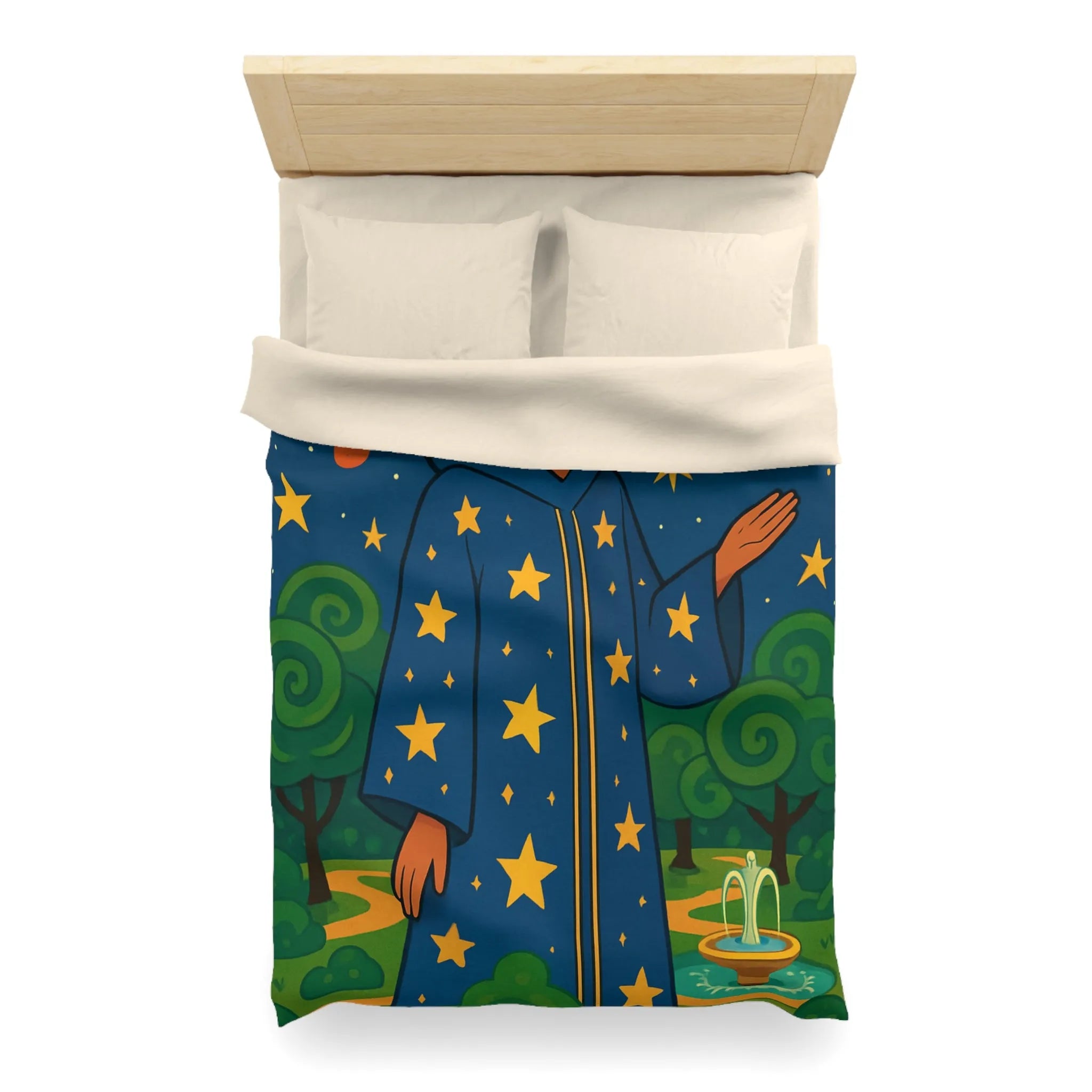 Housse de couette étoilée avec personnage mystique sous ciel galactique et nature luxuriante