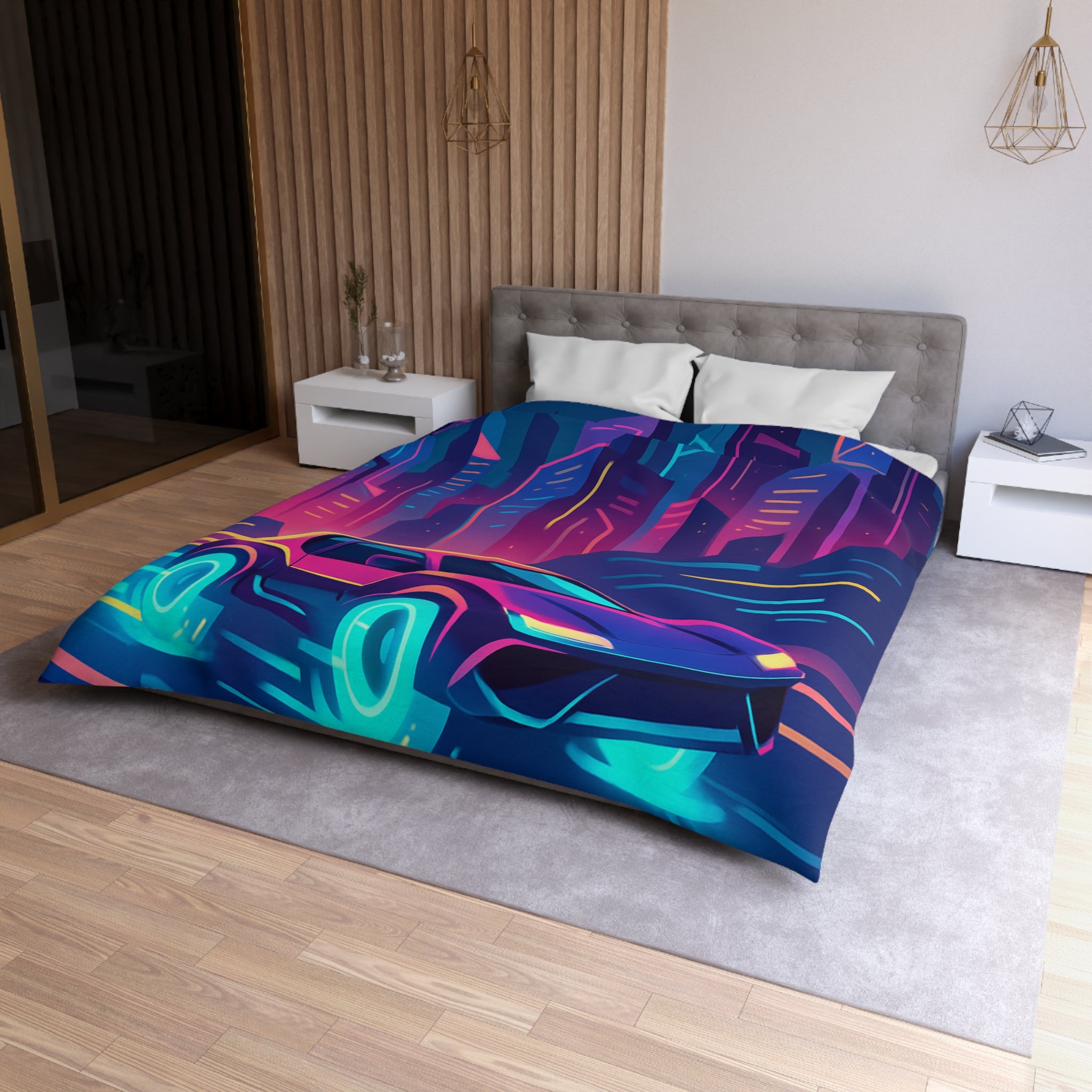 Parure de lit futuriste avec voiture néon sous lune pleine en ville vibrante