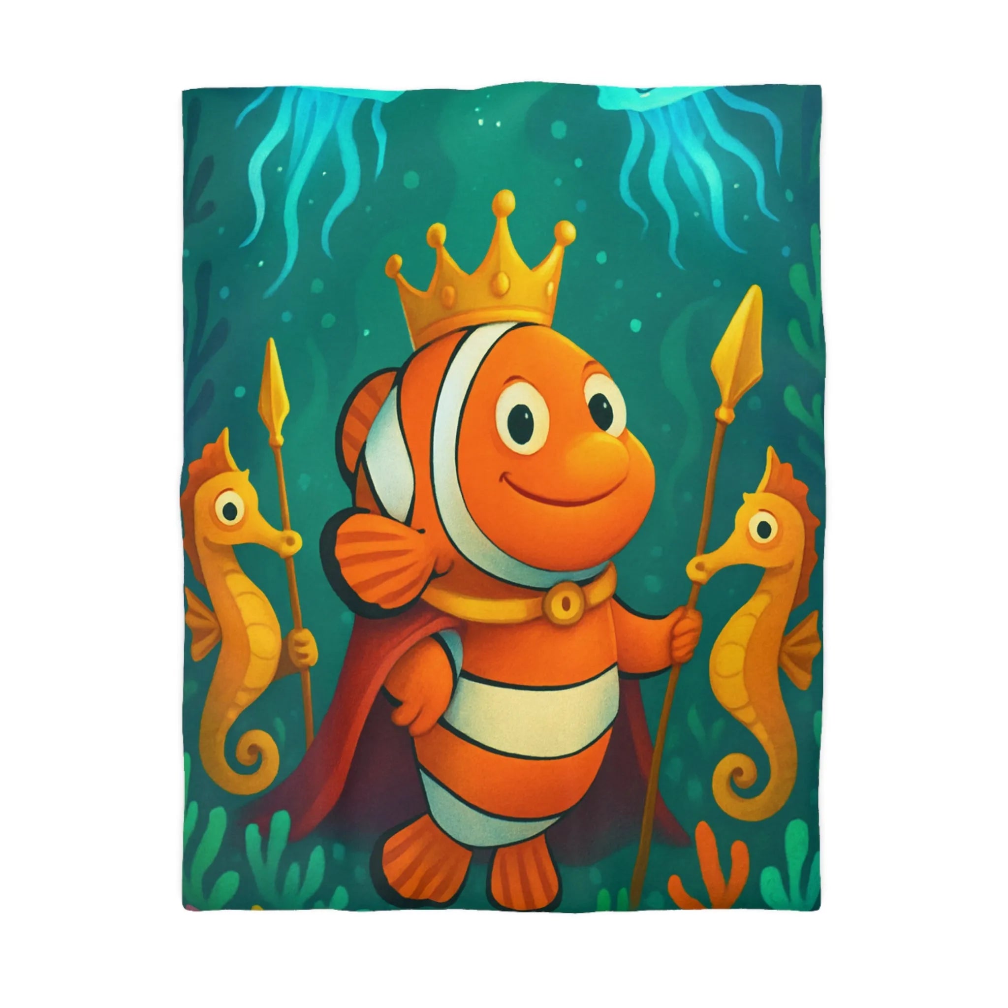 Housse de couette enfant joyeuse poisson clown roi et hippocampes joueurs aquatiques