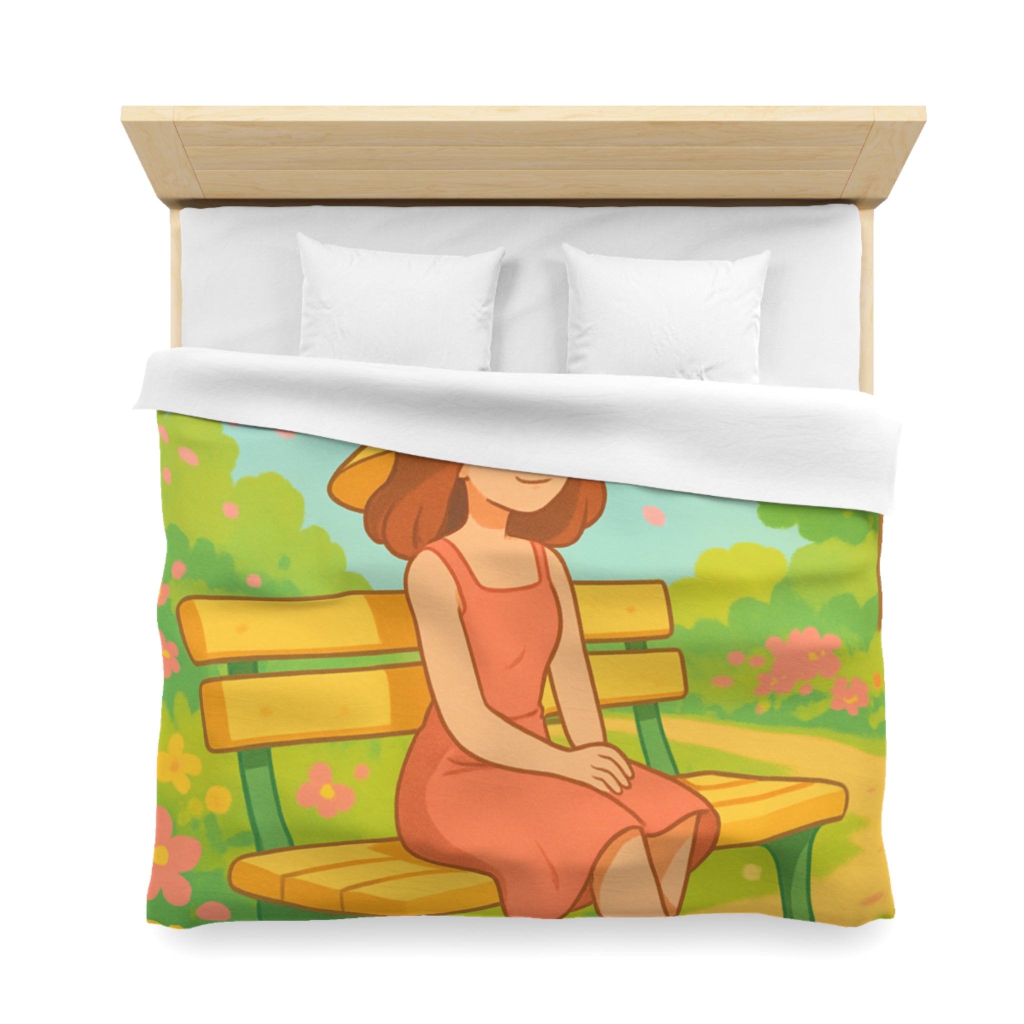 Housse De Couette Motif Printanier Banc Fleurs Ciel Bleu Style Illustration Paisible