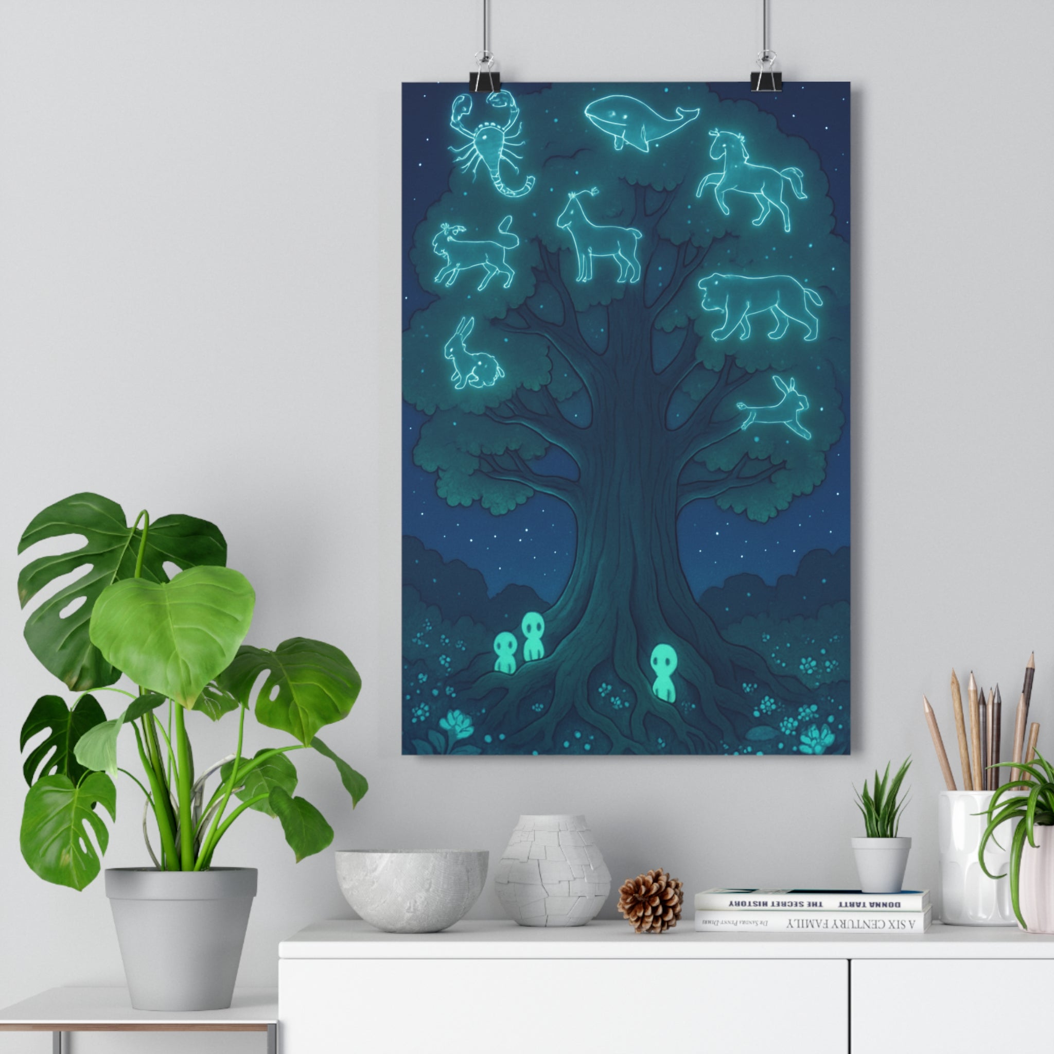 Poster décoratif arbre céleste bleu vert mystique fantastique chambre détente 30x46 lumineux créatures animaux