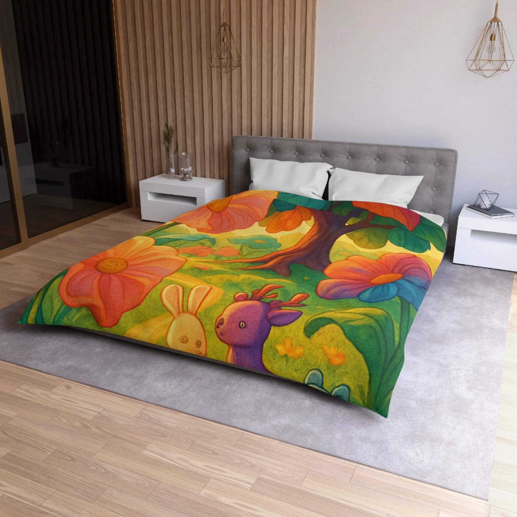 Housse de couette avec animaux mignons et fleurs colorées dans une forêt féerique