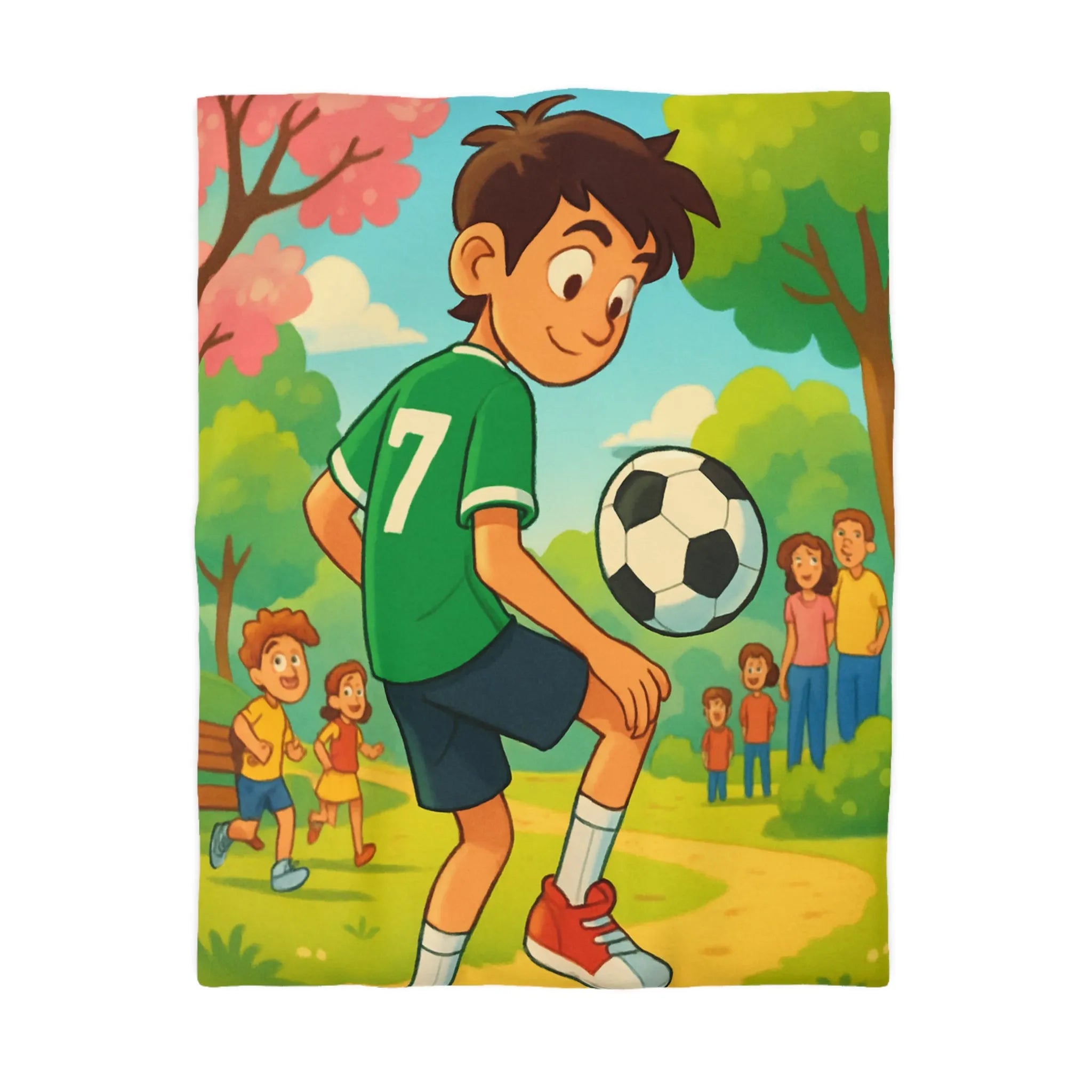'Housse de couette enfant : garçon jouant au football dans parc coloré et animé'
