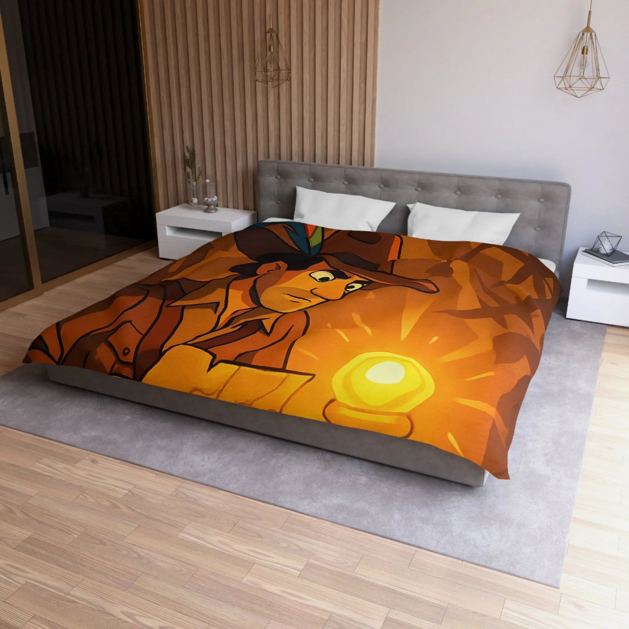 Housse de couette exploration mystérieuse avec lumière dorée et carte ancienne